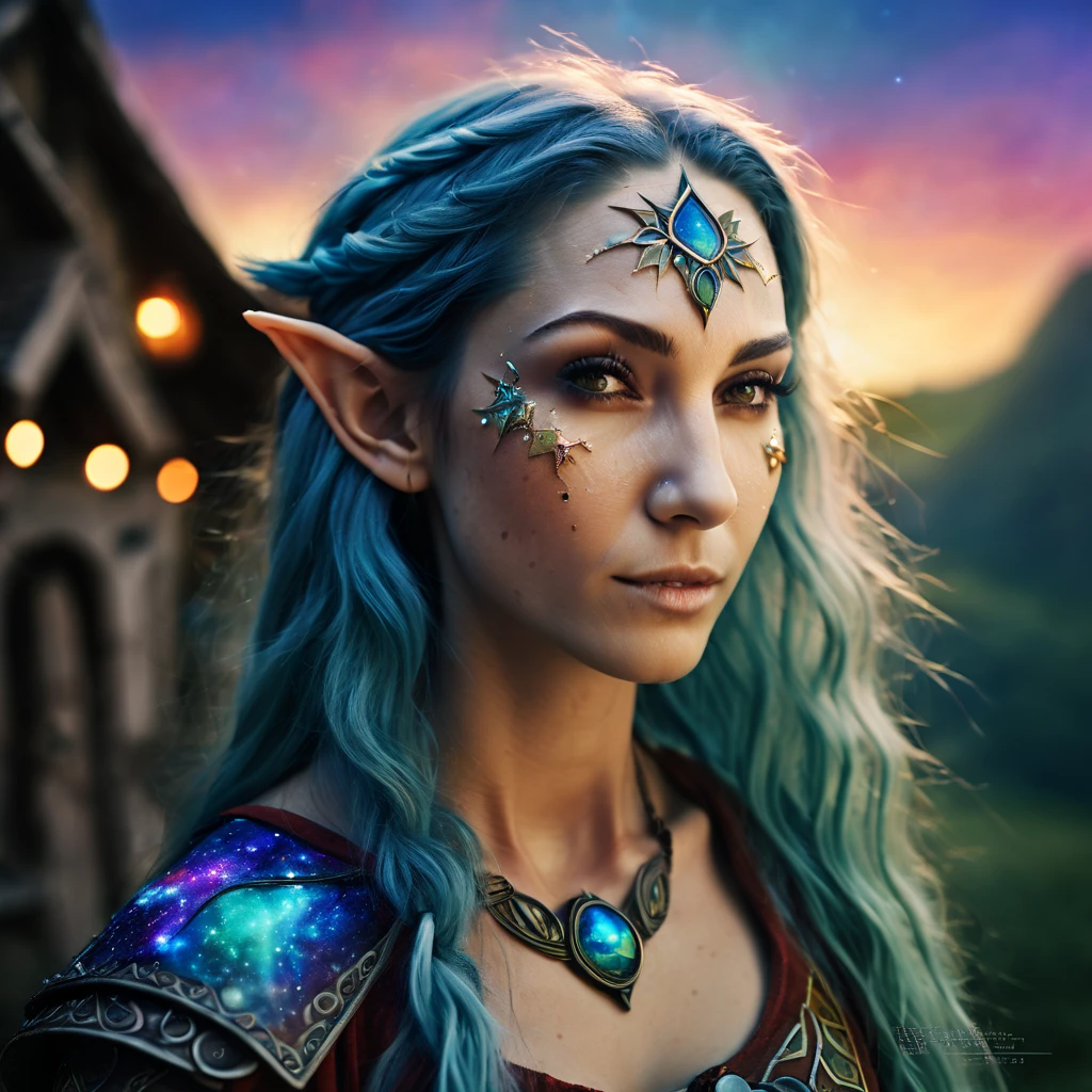 Marija. elf portraits, fantasy art, detailed features, vibrant colors, magical lighting, three side view, 1 side potrait,2 side close, 3 side in the batlle, photo collage) film grain, detailed pores and wrinkles on the skin film grain, detailed pores and wrinkles on the skin, detailed elf village in backfround, full of stars sky, zentangle costume style, facing camera,