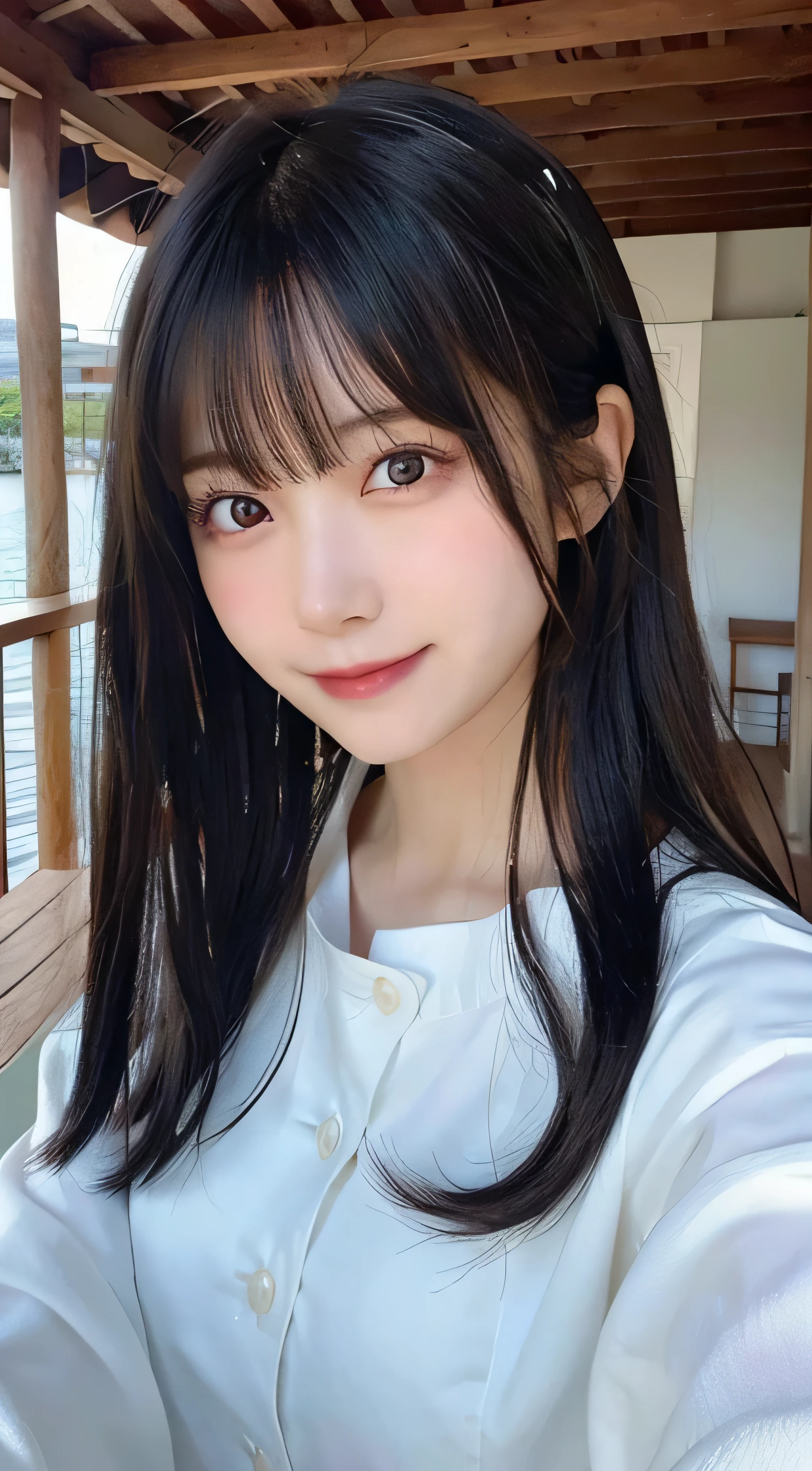 Skin texture natural、,The pores are、Must be detailed enough to be easy to identify。 Skin should look healthy with even tones。 Use natural light and color,女の子1人,japanes,22year old,kawaii,A dark-haired,ポニーテール,smil,Looking at the camera,SEA,水着ビキニ、ハイレグ
