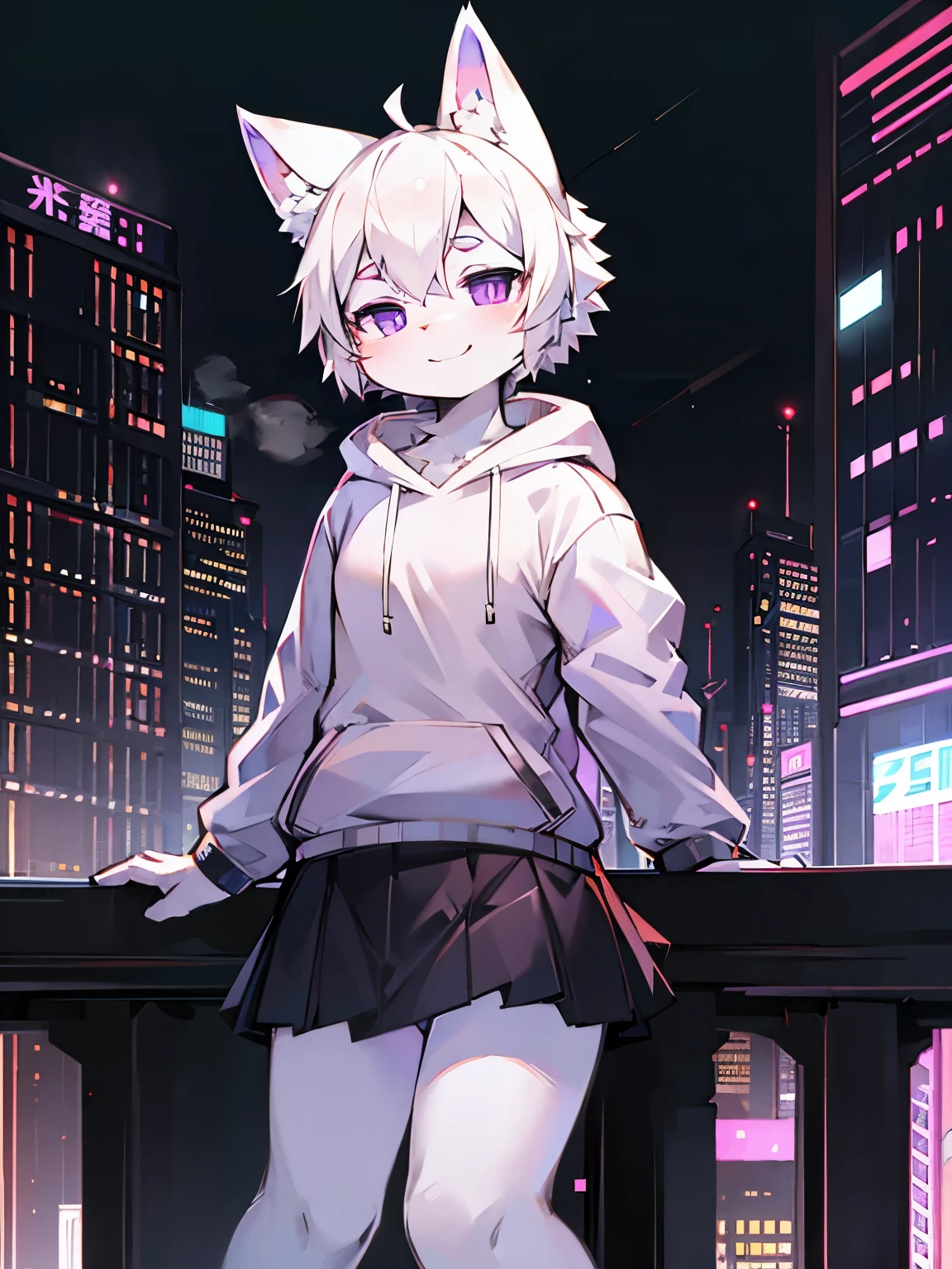 Solo, kemono, femboy, white hair, purple eyes, wear white hoodie, wear black skirt, wear black headphone, smile, look at camera, stand on high building, cyberpunk city background, night time, high details
