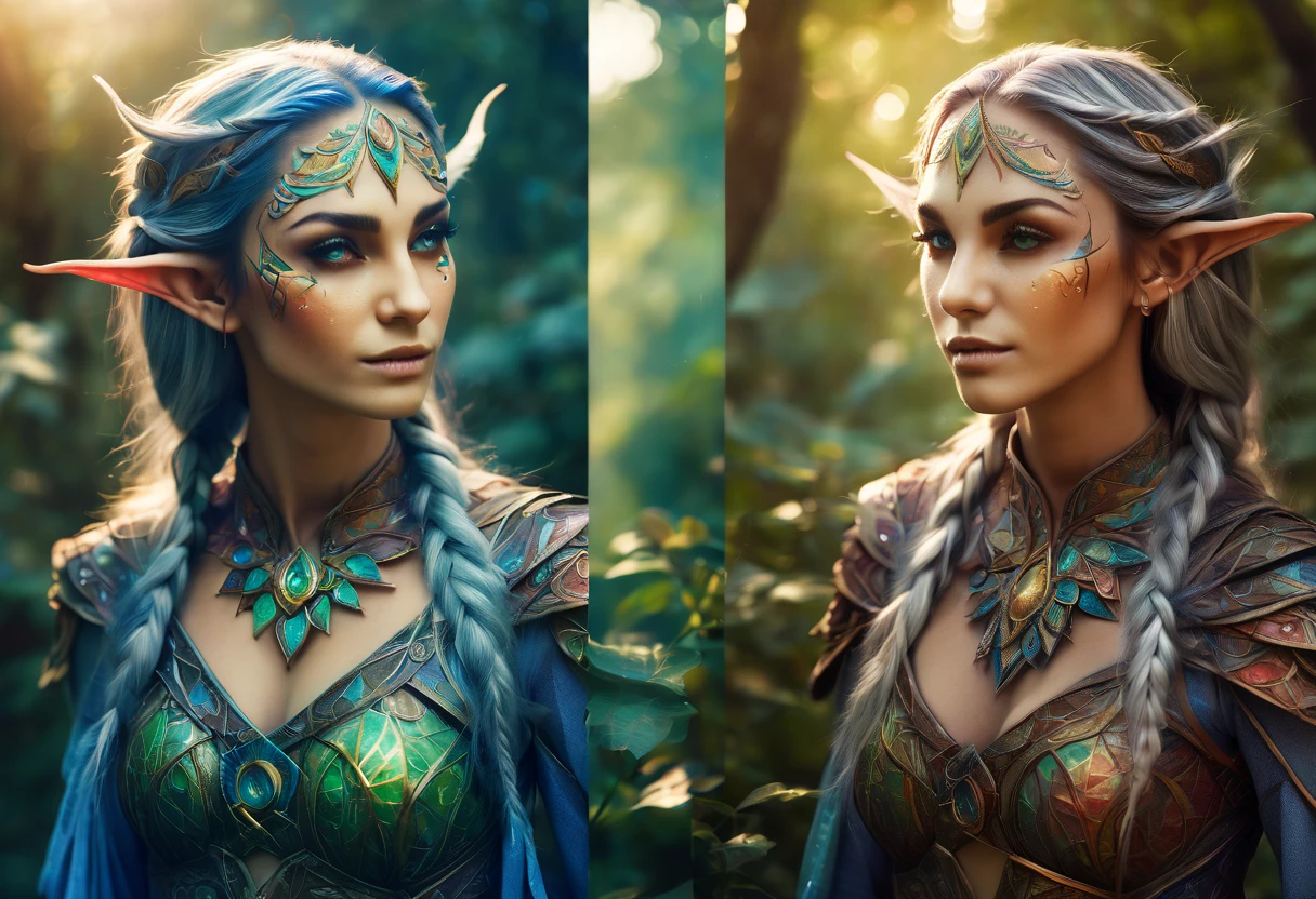 Marija. elf full body portraits, fantasy art, detailed features, vibrant colors, magical lighting, three side view, 1 side potrait,2 side close, 3 side in the batlle, photo collage) film grain, detailed pores and wrinkles on the skin film grain, detailed pores and wrinkles on the skin, detailed elf village in backfround, full of stars sky, zentangle costume style, facing camera,