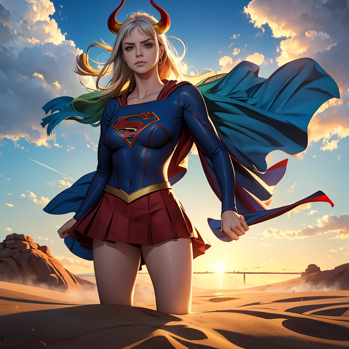 Detalhado cabelo branco longo,  tamanho de arquivo enorme, 1girl, demon girl, Superhero Supergirl, terno Supergirl, capa vermelha, S do super-homem no peito, blue swimsuit, Red skirt, botas vermelhas, ultra sexy hiper sedutora, (Desert Oasis:1.1), Rosto extremamente detalhado, Foto RAW, filmic grain, master part, UHD, HDR, skin pores, maquiagem sedutora escura requintada, delineador escuro, buffalo horn with red tips ((longos cabelos brancos)), ((seios muito firmes)), (((tonificado, Impeccable, encaixe, corpo perfeito e anatomia;))), ((Olhando para o Viewer)), ((hiper sedutor)), profundidade de campo, alto, sexy , realismo, VFX, Volumetric lighting, volumetric light, volumetric, natural lighting, Detalhado e intrincado,  Detalhes intrincados, quantidade absurda de detalhes, absurdos, high resolution, na cidade