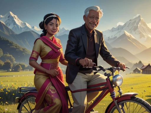 (a Belgian man:1.1,a Nepali woman:1.1),(married couple), bicycle ride,(early 60s),greying hair, smiling,scenic landscape,serene atmosphere (best quality,4k,highres),(portrait:1.2),(photorealistic:1.37),(vivid colors),(soft warm tone),gentle lighting