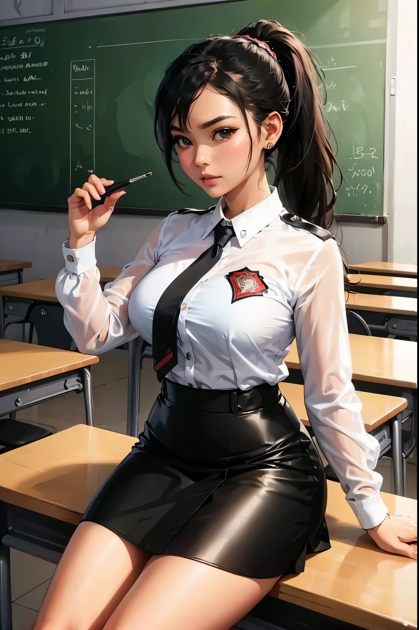 indonesian lady, ponytail hair, wearing blazzers, skirt, high heels, looking to the camera, at classroom,  masterpiece, best quality:1.2),(8k,highres,RAW photo,realistic,photo-realistic:1.3),(detailed skin texture,detailed cloth texture,beautiful detailed face:1.25),professional lighting,photon mapping,beautiful soft light,radiosity,physically-based rendering,model shoot style, model shoot style, (extremely detailed CG unity 8k wallpaper), full shot body photo of the most beautiful artwork in the world, complex 3d render ultra detailed, looking at viewer, 18 yo, real human skin, vibrant details, hyperrealistic, beautiful, octane render, an extremely delicate and beautiful, extremely detailed ,CG ,unity ,wallpaper,Amazing, finely detail,official art,extreme detailed eyes, (perfect face), shiny skin, colorful, highest detailed, vibrant colors, ultra high res, (high contrast), intricate, lens flare