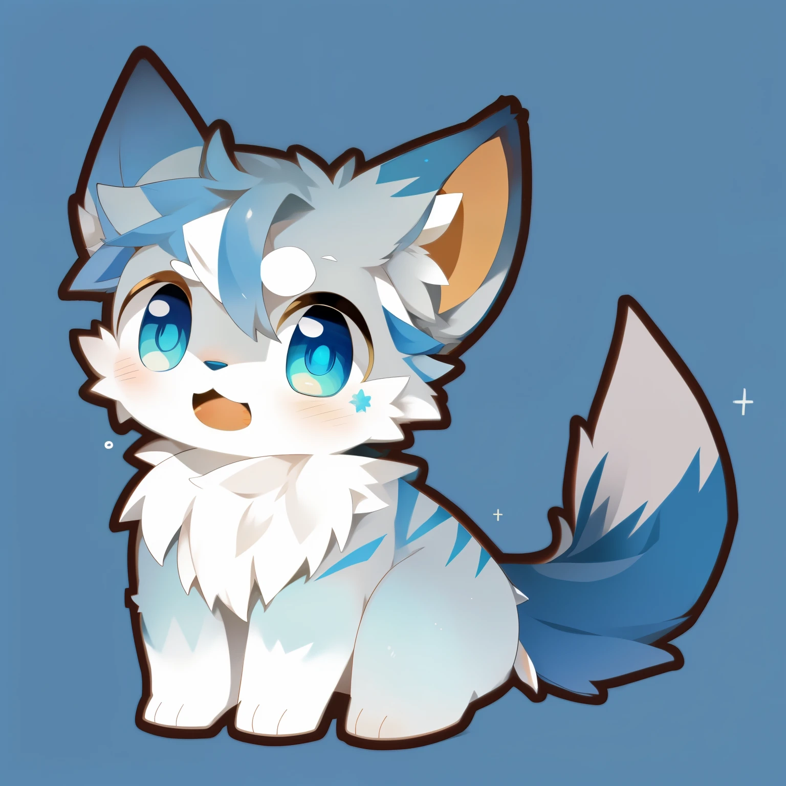 There  a cat with blue eyes sitting on a blue surface, Ferson!!!!, anime cat, kawaii cat, cute, Ferson art, cat seahorse Ferson, furaffinity Ferson, furry Ferson, Ferson commission, cute的角色, chibi, wireless, realistic anime cat, fluffy!!!, with blue fur and blue eyes，Different eyeluffy，hairy