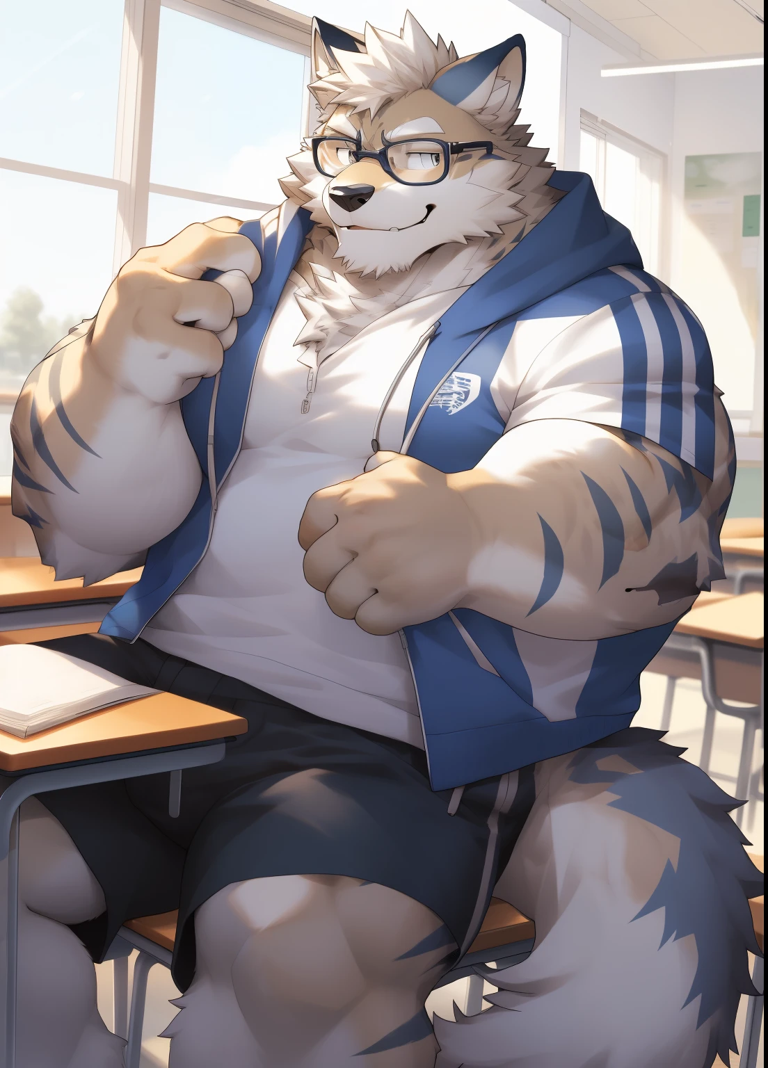 hairy，（（Wolf，white hoodie，shorts）），white fur，male，Common，full body picture（（极其lifelike阴影，masterpiece，Very detailed，lifelike））， （（Cat）），dynamic poses，In classroomlack-rimmed glasses，smirk，sit on the chair，window location，（（极其lifelike背景，masterpiece，Very detailed，lifelike））