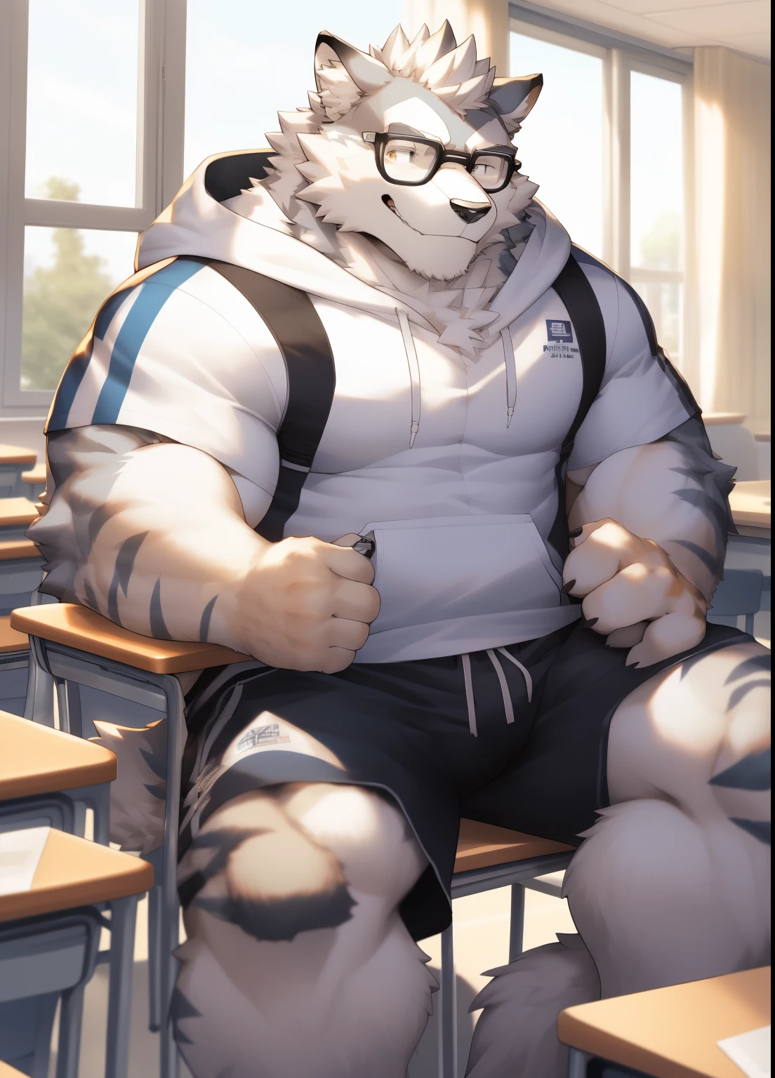 hairy,((Wolf,white hoodie,shorts)),white fur,male,Common,full body picture((极其lifelike阴影,masterpiece,Very detailed,lifelike)), ((Cat)),dynamic poses,In classroomlack-rimmed glasses,smirk,sit on the chair,window location,((极其lifelike背景,masterpiece,Very detailed,lifelike))