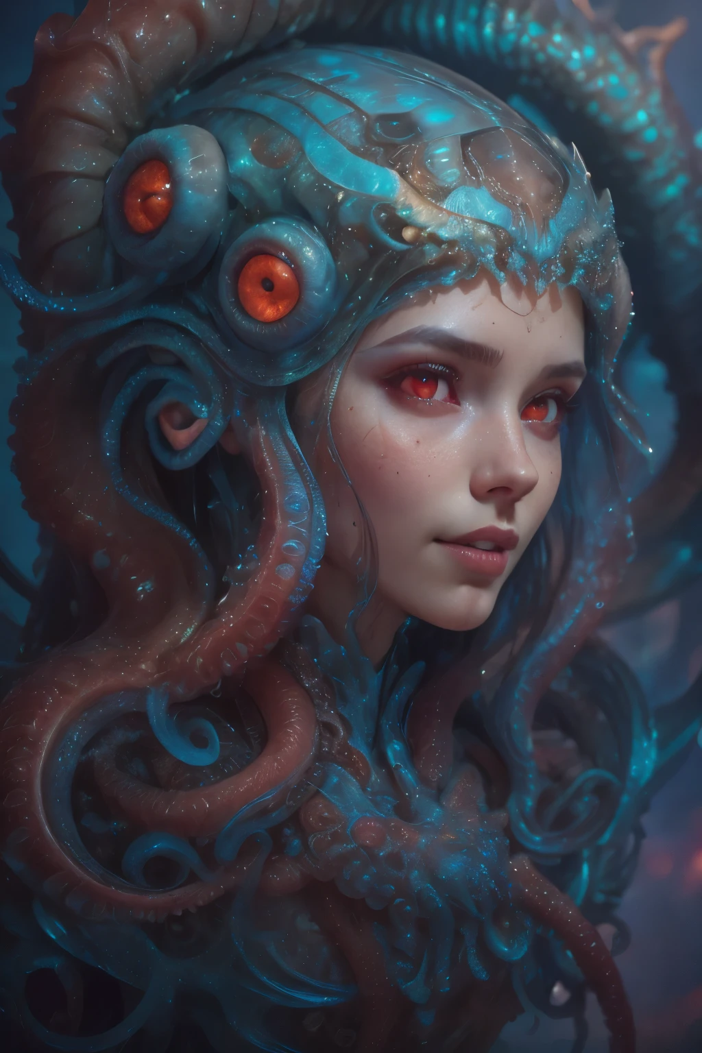 Portrait, (beautiful female alien:1.2),  (she has red eyes with no pupils:1.8), (Translucent skin:1.7),  (There is a female genital-like organ in the middle of the forehead:1.9), (The most beautiful face in the history of the universe:1.2),an evil gaze that seduces, (large mouth:1.1), (sharp teeth like a vampire:1.2), Full body portrait, (bio luminescent:1.5), (Smile wickedly:1.3),  (sexypose:1.5), alien, No humans, cells are fused, (Lots of translucent tentacles:1.3) extraterrestrial, cell, bio image, best quality, 8K,In 4K_quality, High freshness, Dramatic Lighting, masutepiece:1.5,cinematic quality, detail up, (exquisite details:1.2), high resolution, High freshness, drawing faithfully, (Thick eyebrows:1.2), Beautiful eyes with fine symmetry,(Highly detailed face and eyes:1.2), Intimate face, (Super detailed skin quality feeling:1.4), perfect anatomy,  (Beautiful toned body:1.5),  (Moist skin:1.2), not wearing makeup, (dark circles:1.1), long canines, cinematic drawing of characters, ultra high quality model, cinematic quality, detail up, (exquisite details:1.2), high resolution, High freshness, drawing faithfully, official art, Unity 8K Wall  , 8K Portrait, best quality, Very high resolution, ultra detailed artistic photography, midnight aura,  unreal engine 5, Ultra Sharp Focus, art by alberto seveso, ArtGerm, Roisch, intricate artwork, best quality, masterpiece, ultra high resolution, (photos realistic:1.4), ultra realistic realism, dream-like, nautilus, Creation of fantasy, Snail, Dream Snail, (biopunk nautilus:1.3),Thrilling color schemes, ultra realistic realism, seductively smiling, Blue tentacles,