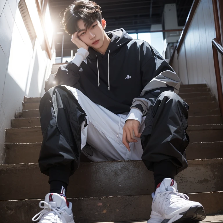 1 Korean Youth,male,20 years old,High,Height 180 cm,Hair of medium length,Black sweatshirt,Black trousers and white high-top basketball shoes,White sport socks,sitting on the steps,White socks in hand,Badass anime 4k ,POV perspective,proudly,cold,looking at camera,