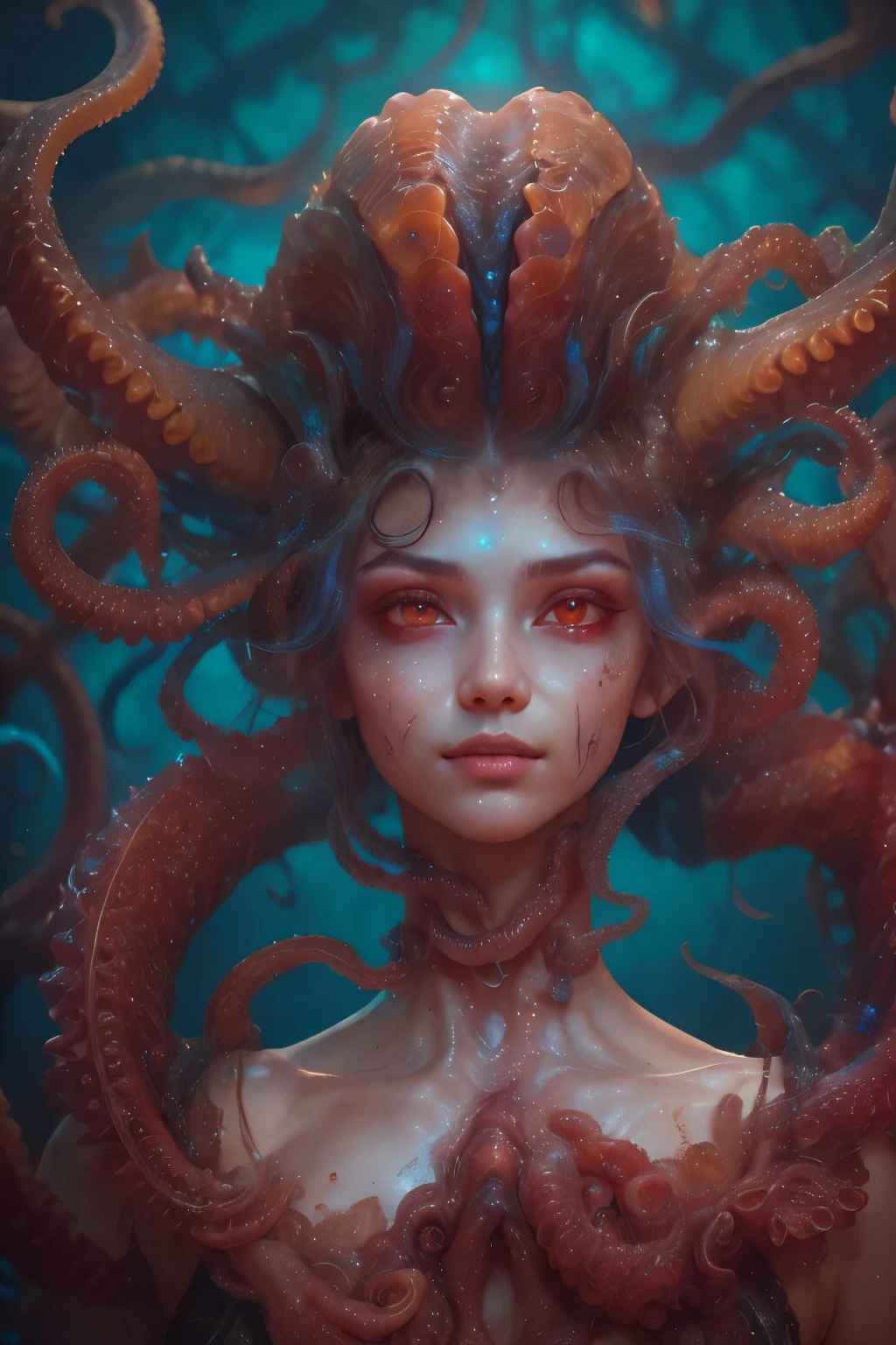 Portrait, (beautiful female alien:1.2), (she has red eyes with no pupils:1.8), (Translucent skin:1.7), (There is a female genital-like organ in the middle of the forehead:1.9), (The most beautiful face in the history of the universe:1.2),an evil gaze that seduces, (large mouth:1.1), (sharp teeth like a vampire:1.2), Full body portrait, (bio luminescent:1.5), (Smile wickedly:1.3), (sexypose:1.5), alien, No humans, cells are fused, (Lots of translucent tentacles:1.3) extraterrestrial, cell, bio image, best quality, 8K,In 4K_quality, High freshness, Dramatic Lighting, masutepiece:1.5,cinematic quality, detail up, (exquisite details:1.2), high resolution, High freshness, drawing faithfully, (Thick eyebrows:1.2), Beautiful eyes with fine symmetry,(Highly detailed face and eyes:1.2), Intimate face, (Super detailed skin quality feeling:1.4), perfect anatomy, (Beautiful toned body:1.5), (Moist skin:1.2), not wearing makeup, (dark circles:1.1), long canines, cinematic drawing of characters, ultra high quality model, cinematic quality, detail up, (exquisite details:1.2), high resolution, High freshness, drawing faithfully, official art, Unity 8K Wall , 8K Portrait, best quality, Very high resolution, ultra detailed artistic photography, midnight aura, unreal engine 5, Ultra Sharp Focus, art by alberto seveso, ArtGerm, Roisch, intricate artwork, best quality, masterpiece, ultra high resolution, (photos realistic:1.4), ultra realistic realism, dream-like, nautilus, Creation of fantasy, Snail, Dream Snail, (biopunk nautilus:1.3),Thrilling color schemes, ultra realistic realism, seductively smiling, Blue tentacles,