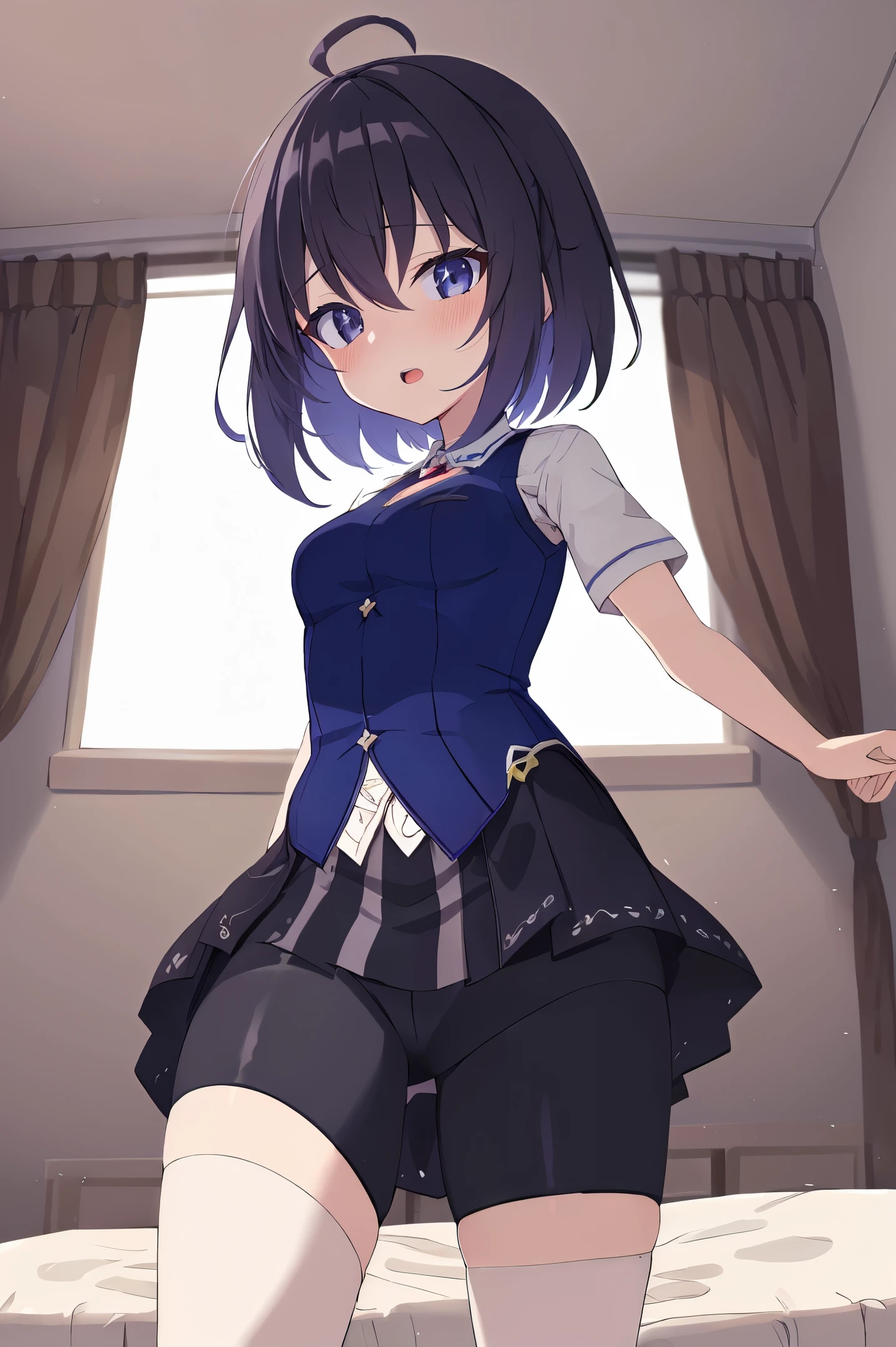 1 girl, best quality, ultra high res, ahoge, Seele Vollerei, looking at viewers, medium breast, standing, smile, small body, open mouth, azure memories, short sleeves, Bike Shorts, bedroom, white bed sheets, pov, chest tattoo, Skirt, Bike Shorts Under Skirt,