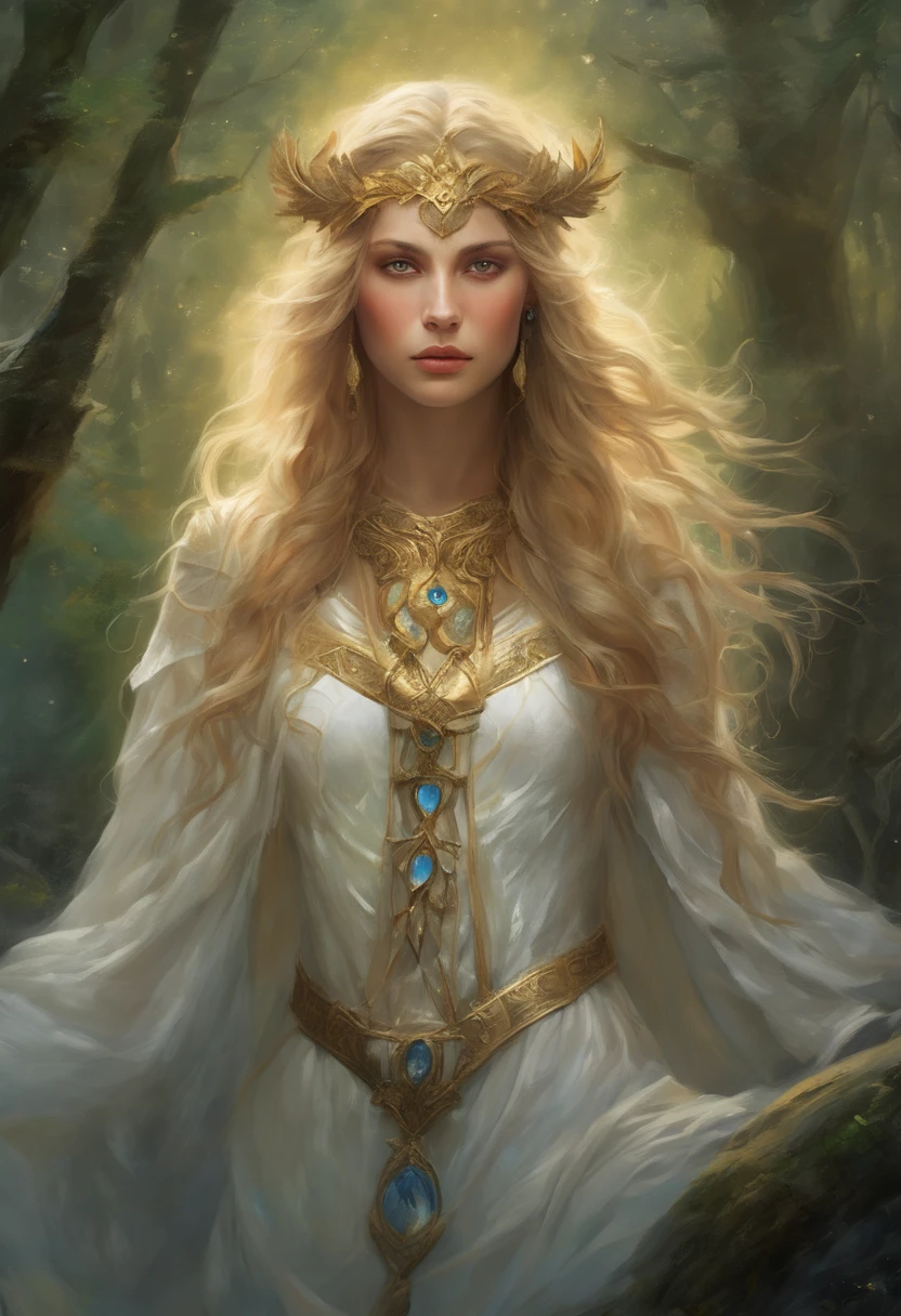 beautiful detailed eyes, flowing golden hair, ethereal white gown, enchanted forest background, mysterious atmosphere, magical powers, divine presence, ancient runes, glowing staff, powerful incantations, mythical creatures, mythical beasts, epic battle scene, swirling vortex of magic, moonlit night, radiant aura, fierce determination, valor and bravery, triumph and glory, goddess of love and fertility, protector of nature and wildlife. (best quality, highres), realistic portrait, fantasy artwork, vibrant colors, soft lighting, mystical ambiance, Freya, Germanisch Göttin.