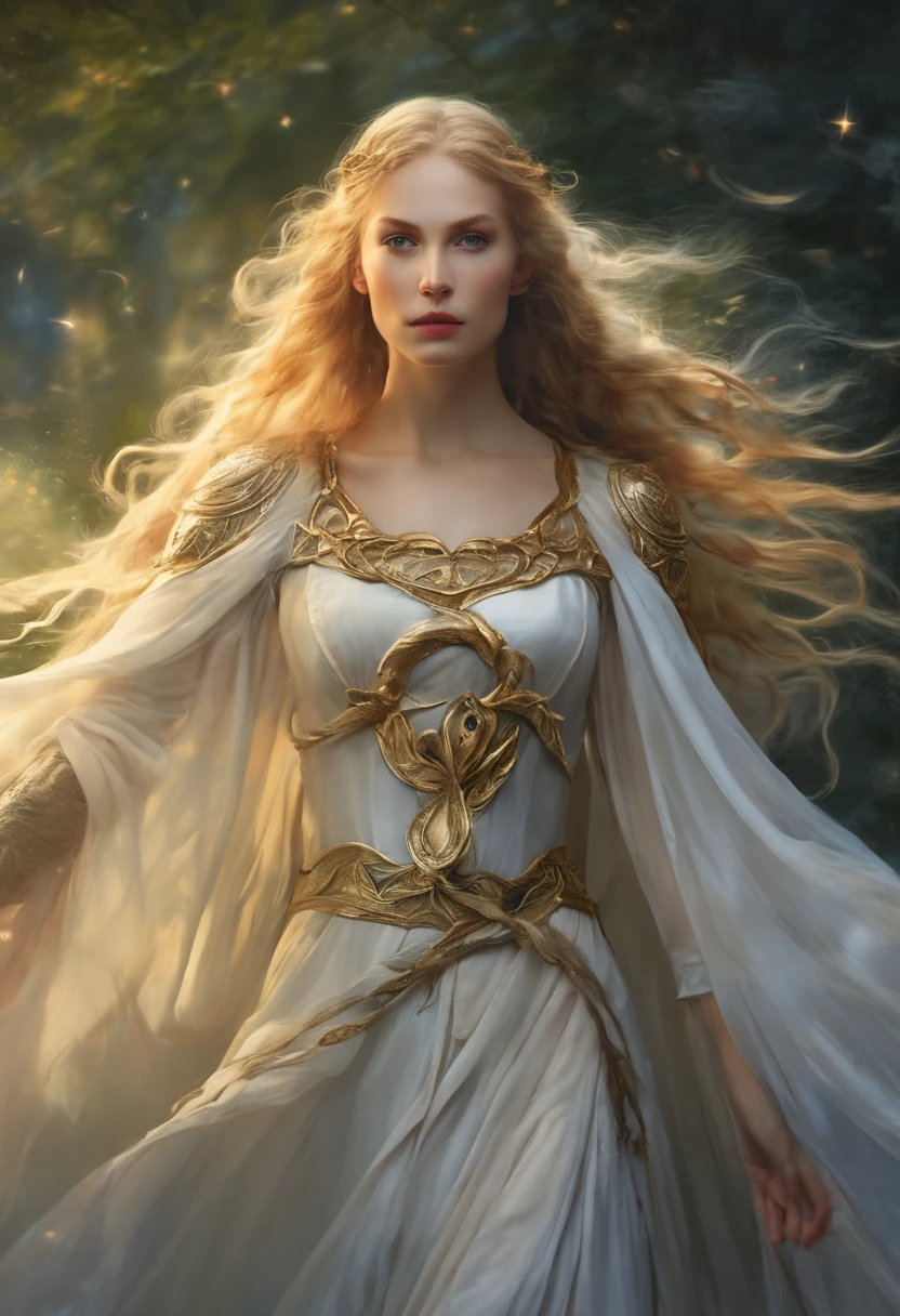 beautiful detailed eyes, flowing golden hair, ethereal white gown, enchanted forest background, mysterious atmosphere, magical powers, divine presence, ancient runes, glowing staff, powerful incantations, mythical creatures, mythical beasts, epic battle scene, swirling vortex of magic, moonlit night, radiant aura, fierce determination, valor and bravery, triumph and glory, goddess of love and fertility, protector of nature and wildlife. (best quality, highres), realistic portrait, fantasy artwork, vibrant colors, soft lighting, mystical ambiance, Freya, Germanisch Göttin.