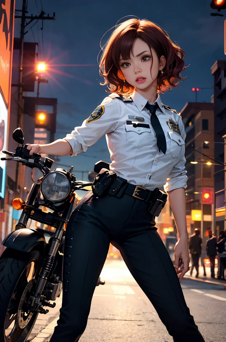 1 live action girl, female police officer, delicate and beautiful face, red face, short curly hair, spread of hair, hair strip dyeing，goggles, anger, parted lips, chest with tattoo, convex buttocks, White striped shirt,Flickering in the chest, With police insignia, black tie, Black suit pants, black high heels, my, Raise the gun in your hand, perfectly proportioned, detailed clothing details, Police Motorcycle, police light effect, Future City, , cinematic lighting, film grain, Fuji color, Contrast between light and dark, 8K, masterpiece, rough skin, Super detailed, very detailed, high quality, High resolution,