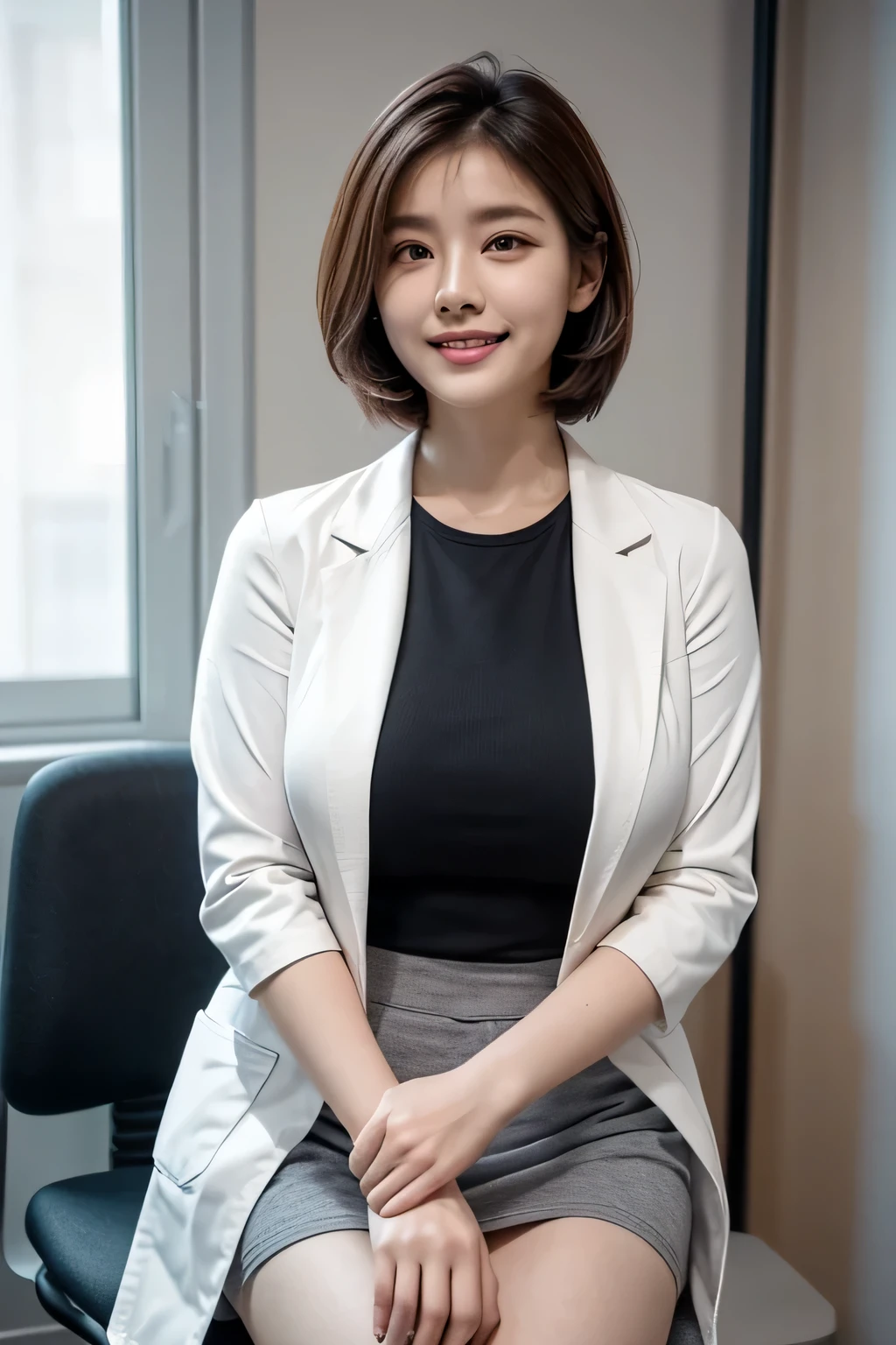 (1 The ultimate beautiful female doctor), middle aged, very detailed顔, detailed lips, fine eyes, double eyelid, Black bob-shaped hair, grin and laugh, ((White Coat of Doctor, Light purple blouse, Brown tight mini skirt)), ((hospital examination roomで椅子に座って診察)), (big breasts), perfect hands, perfect fingers, perfect breasts, that&#39;s right, perfect body, perfect face, perfect image realism, With background:((hospital examination room)), detailed background, detailed costume, perfect lighting, hyper realism, Photoreal, 8K maximum resolution, (masterpiece), very detailed, Professional