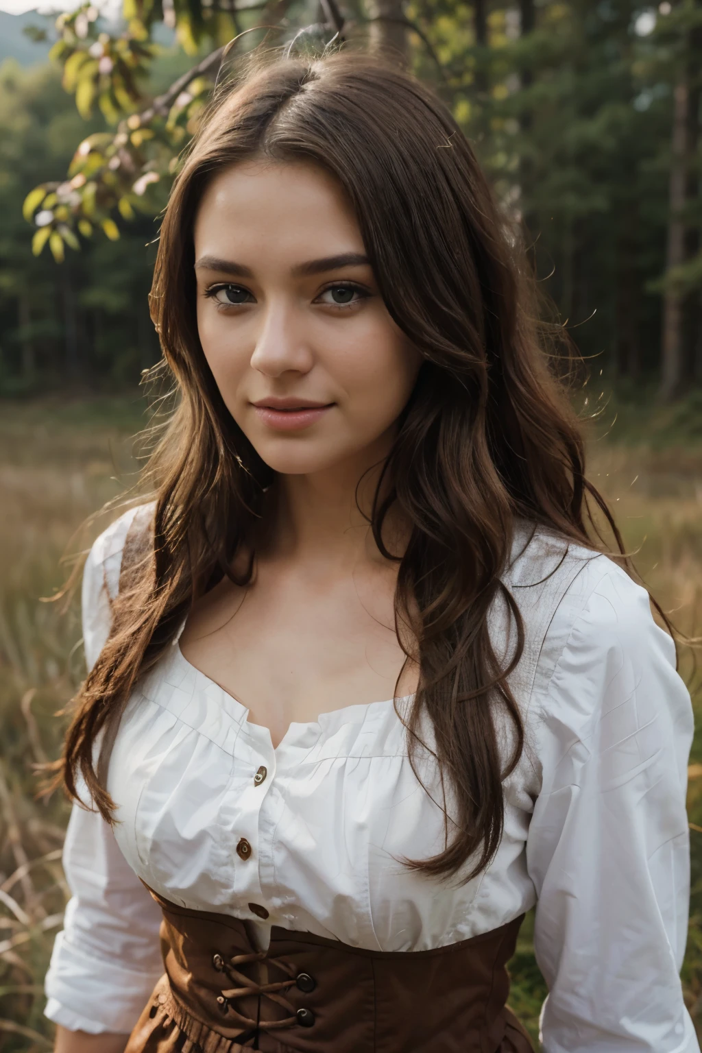 Best quality, 4K, 8K, high-res, masterpiece: 1.2), ultra-detailed, (realistic, photorealistic, photo-realistic: 1.37), standing woman in the mountains wearing a Dirndl, not much makeup, 28 years old.,not to much ai, no big tis, miling woman, long, wavy, brown hair, brown eyes, happy expression, detailed hair strands, happiness, energetic atmosphere,best quality, UHD, high details, best quality, beautiful face, long oval face, deep cahrming look, deep eyes, cinematic lighting, motion blur, film grain, very detailed, natural wave hair, high-res, masterpiece, best quality, intricate details, highly detailed, (realistic skin texture), texture, detailed eyes, professional, 4k,