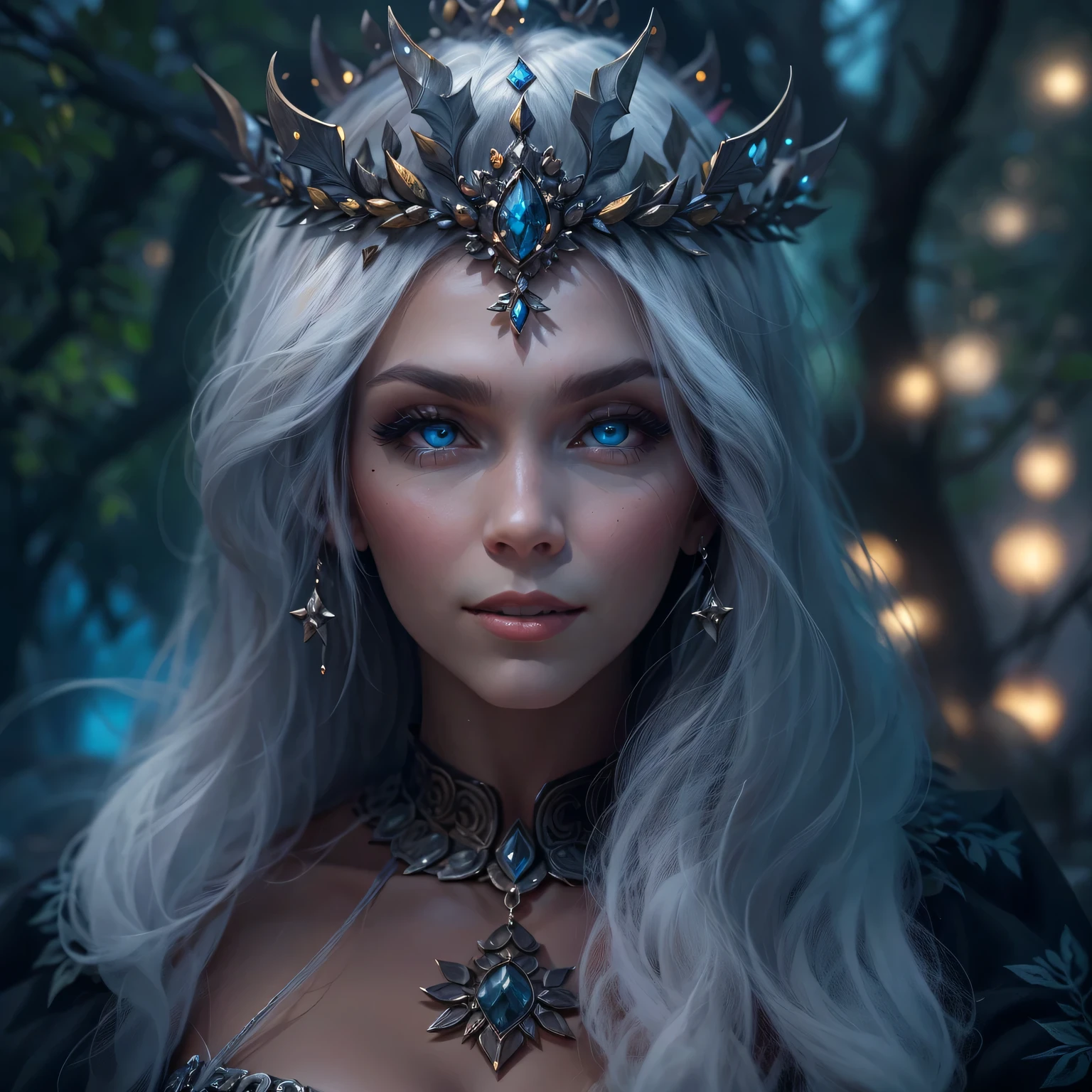 night elf queen,portrait,sharp focus,blue eyes,Flowing white hair,Salient features,Detailed lips,dark skin,mystery的微笑,thorn crown,exquisite jewelry,long and pointed ears,charming的目光,black lace dress,veil,Moonlight Garden,Forest background under moonlight,Moonlight casts shadows,dark aura,Stylish design,ethereal beauty,nipple process,The presence of majesty,charming的目光,subtle glow,ethereal light.masterpiece, best quality, (High-detail CG unified 8K wallpaper) (best quality), (Best Illustration), (best shadow) nature，Sky, cloud, Delicate leaf petals fall in the air，track, super detailed，ultra high resolution, Surrealism, HD, golden ratio，（royal），（enchanted forest），（peaceful），（Peace），（mystery），（grace），（charming），