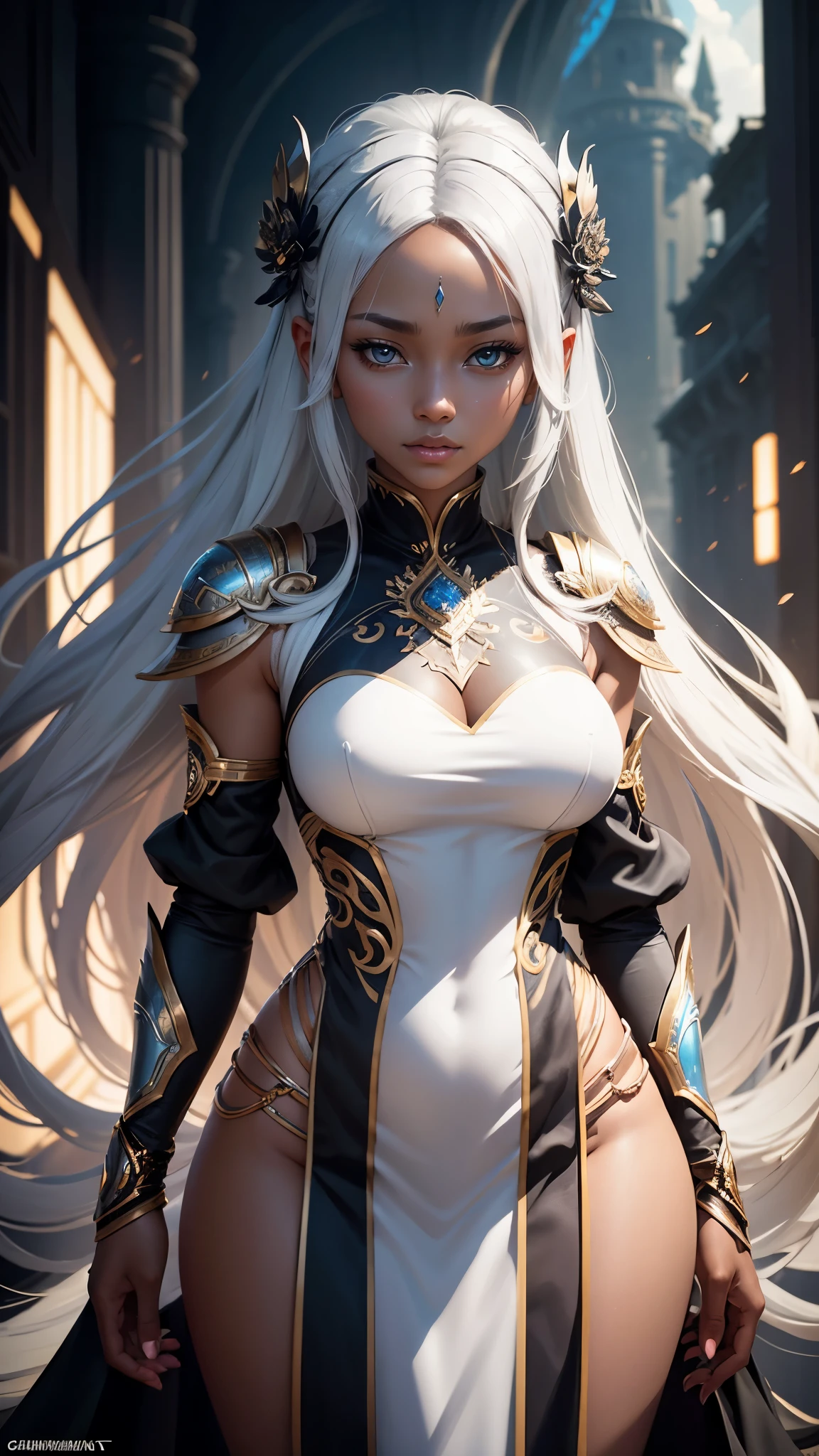 black skin woman in a silver and gold white dress, blue-grey eyes, flying, full black body, super long white hair, slim toned black body, Vest line, long hair flowing, Surrounded by light quality jewelry, accessories, chengwei pan on art station, by Yang J, detailed fantasy art, stunning character art, fan art best art station, epic exquisite character art, beautiful armor, extremely detailed art germ, detailed digital anime art, art germ on art station pixie, armor girl, Masterpiece, best quality, super high resolution, fluorescent color, looking at the audience, beautiful face, beautiful eyecare shoulder