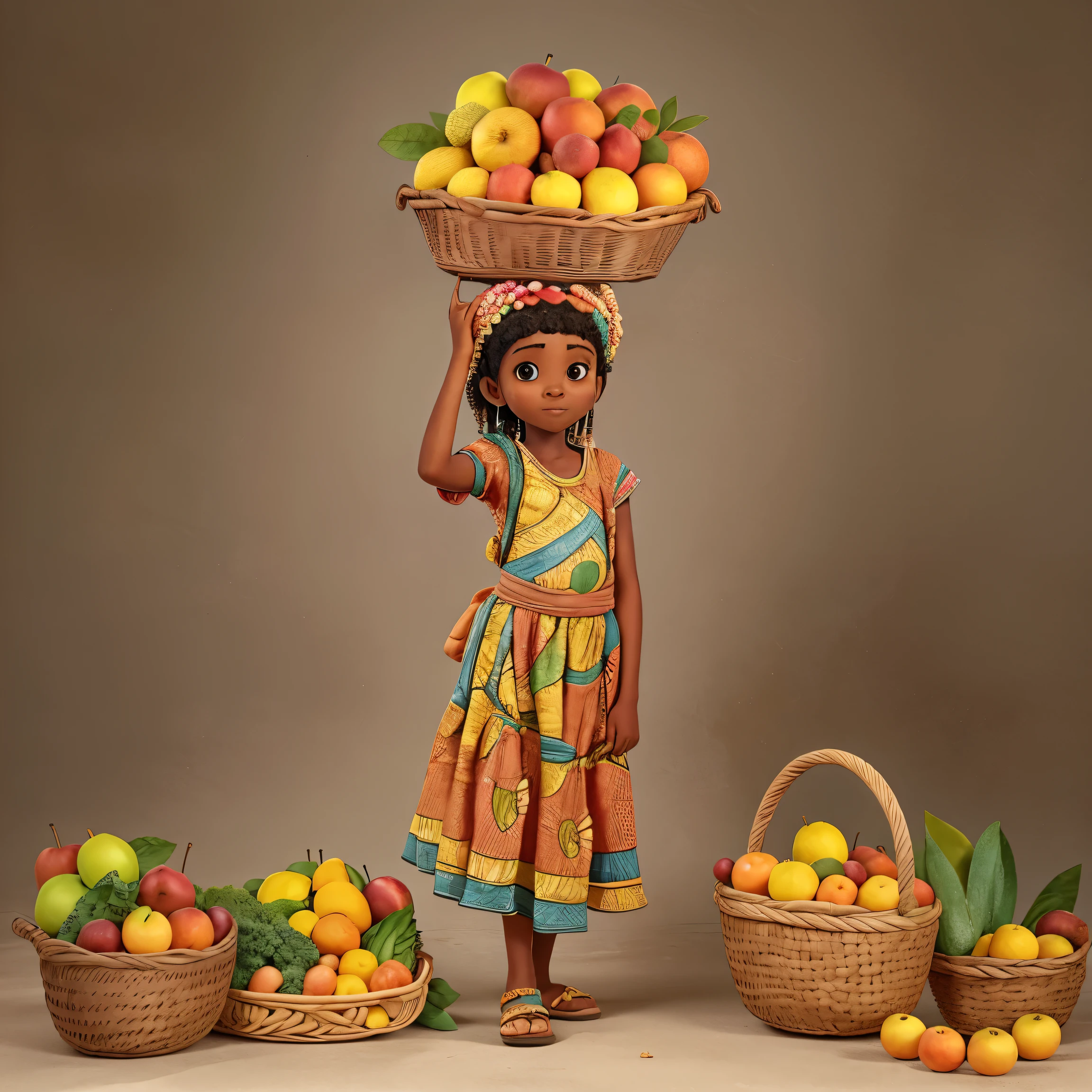 African girl carry a mixed basket of fruit on her head, full body lenght portrait, no background.