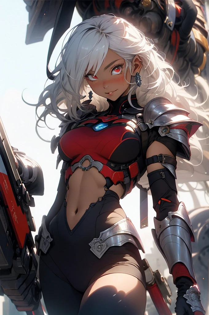 Be realistic,(masterpiece,Highest quality,Highest quality,Very detailed,Fractal Art,Most detailed,(Abstract background:1.5)(1 Girl),Kamimei,(金髪のLong Hair),(puppet, Blue eyes, Pale skin, Golden Hair, Long Hair, Blunt bangs, Braiding,Big Breasts、Toned Abs,Stunned)、crystallization,bikini、Sexy、Machine Armor、Sunburned skin、(Black pencil skirt)