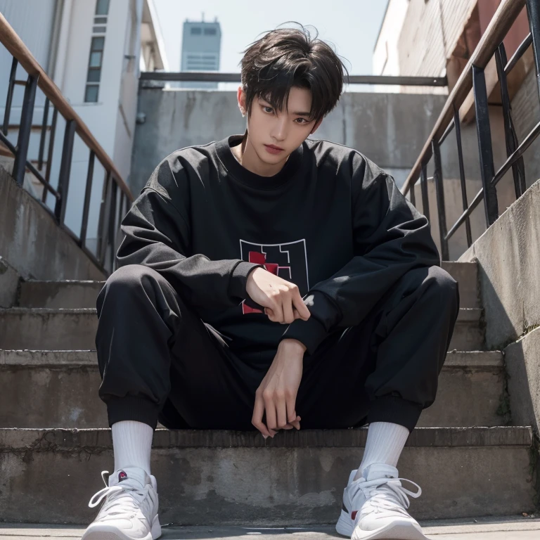 1 Korean Youth,male,20 years old,High,Height 180 cm,Hair of medium length,Black sweatshirt,Black trousers and white high-top basketball shoes,White sport socks,sitting on the steps,pair,A hand touching Shoeadass anime 4k ,POV perspective,proudly,cold,looking at camera,