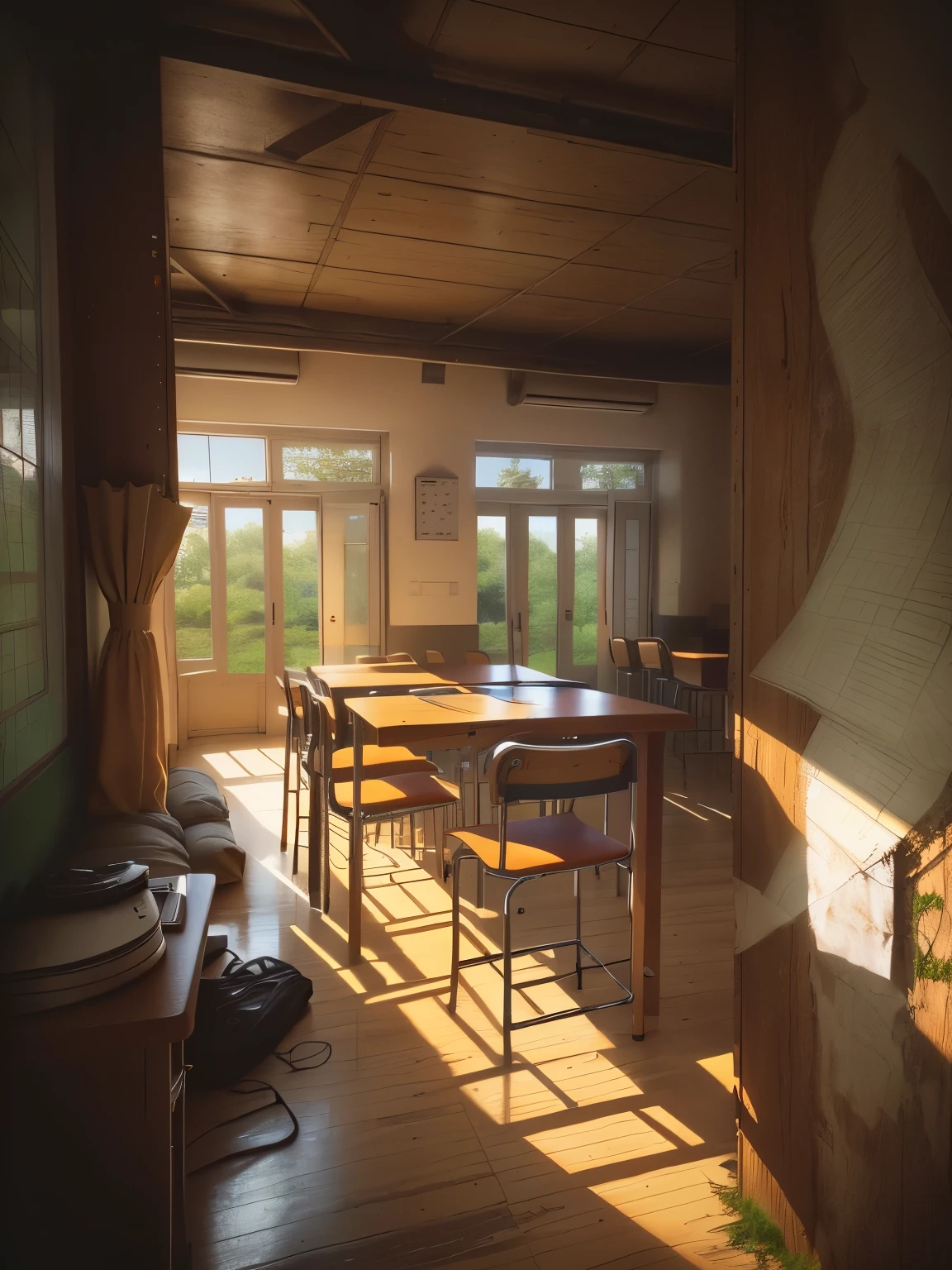 there a table and chairs in a room with a large window, classroom in background, inside house in village, taken with sony a7r camera, taken with a canon dslr camera, captured with sony a3 camera, rows of canteen in background, an escape room in a small, school classroom, with backdrop of natural light, taken with sony alpha 9. Give photorealism effect