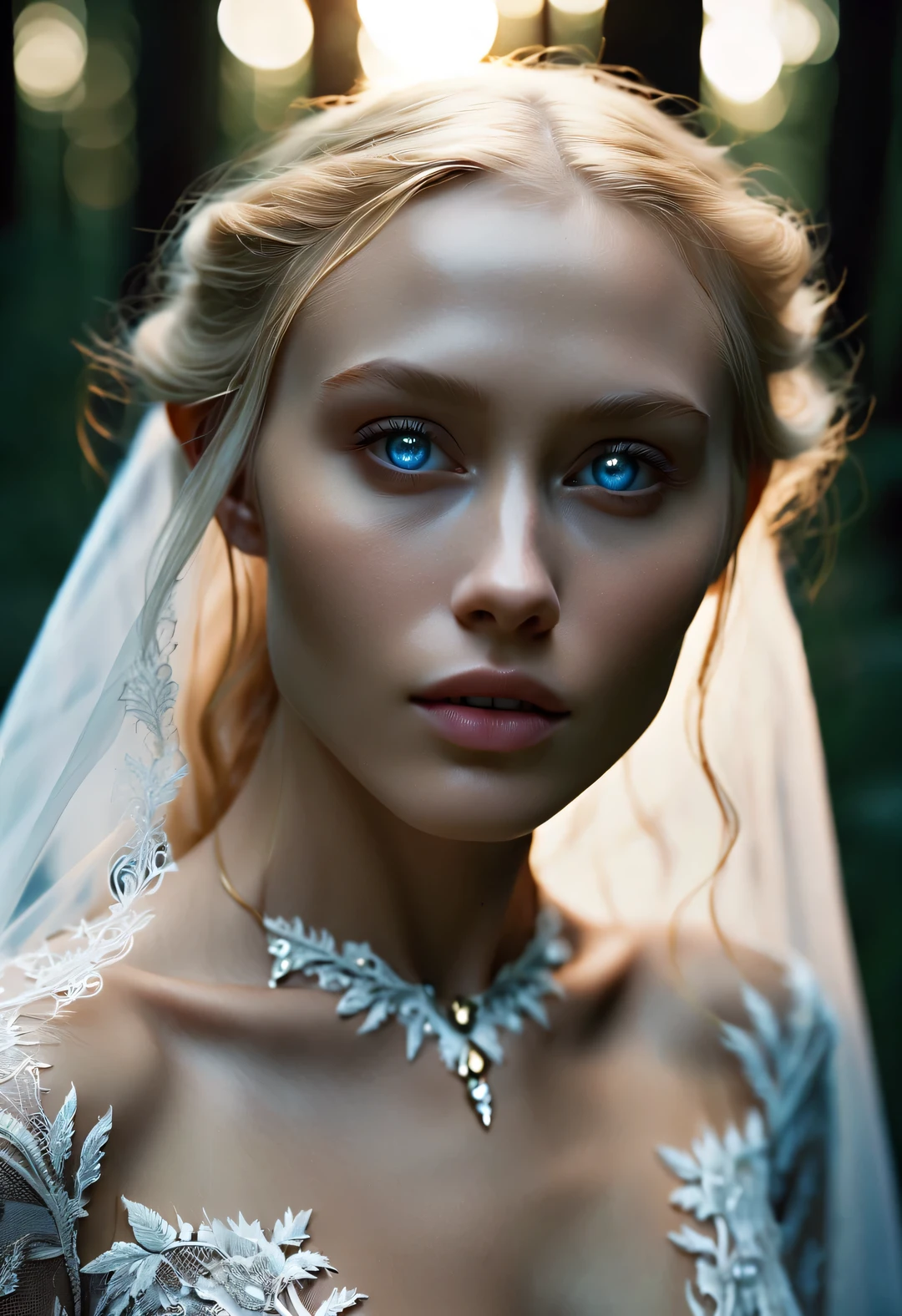 Old Master Painting, dark aesthetic, look straight ahead,
Close-up of the top of the neck of a charming Nordic light elf, Has blonde hair, blue eyes, Exceptionally beautiful, minimalist, eternal melancholy, Stylish photography style, Dramatic firefly light, black to black, Asymmetrical composition, concept fantasy, intricate details, Perfect body, radiant skin, expressive eyes, High cheekbones, Delicate nose, bright smile, flowing hair, Wearing an exquisite white high-end lace wedding dress, Forest background under moonlight, Advertising style shoot, romantic wedding photography style, soft natural light, Shot with Canon AE-1 film camera, Lens 50mm, F/1.8, Deep light, pastel color palette, Very detailed, 8k,