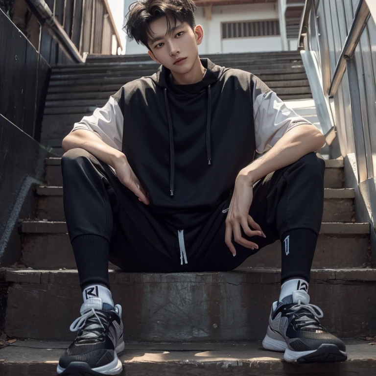 1 Korean Youth，male，20 years old，High，Height 180 cm，Hair of medium length，Black sweatshirt，Black trousers and white high-top basketball shoes，White sport socks，sitting on the steps，pair，A hand touching Shoeadass anime 4k ，POV perspective，proudly，cold，looking at camera，