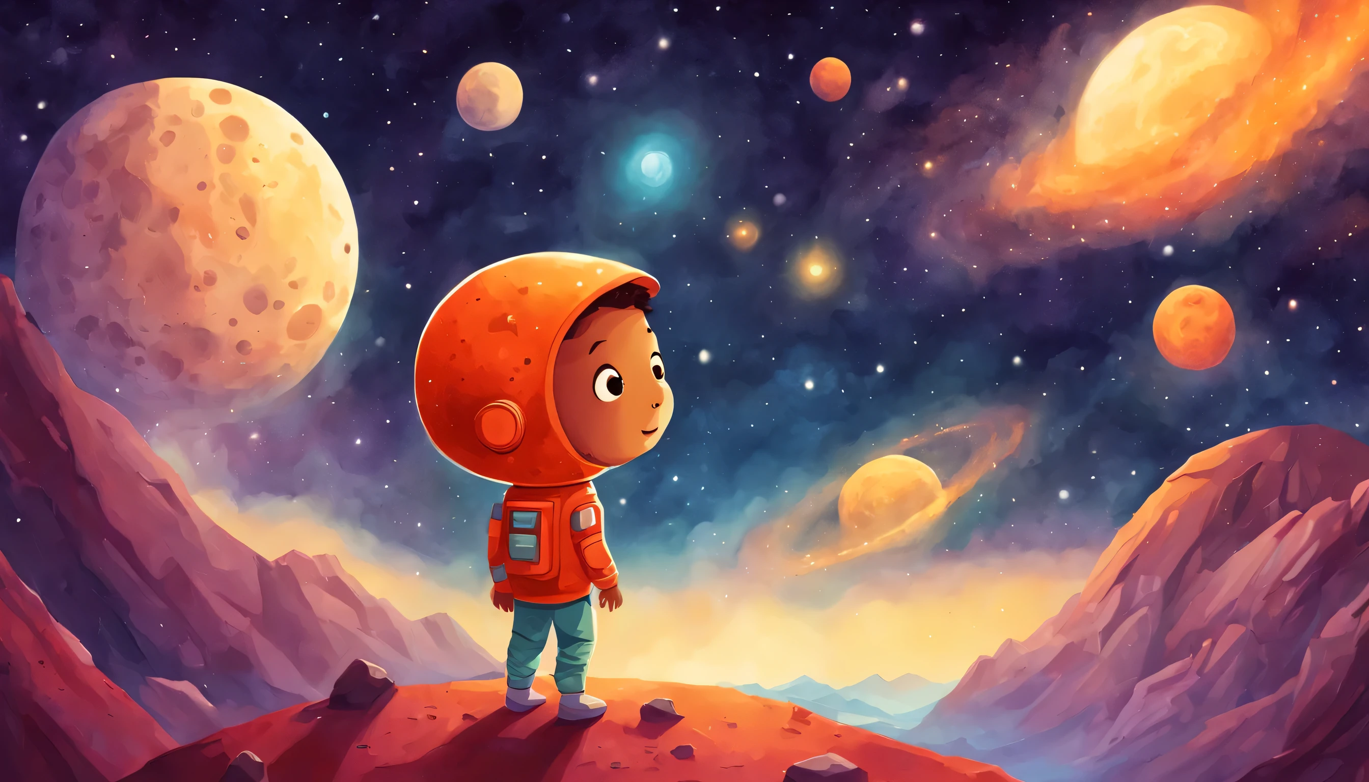 Space Children's Book Illustration, Galactic Color Palette, Friendly Alien, Meteor Shower, Outer Space Landscape, Cosmic Night, Wonder-filled Mood,
,Kids Book, KidsRedmAF,