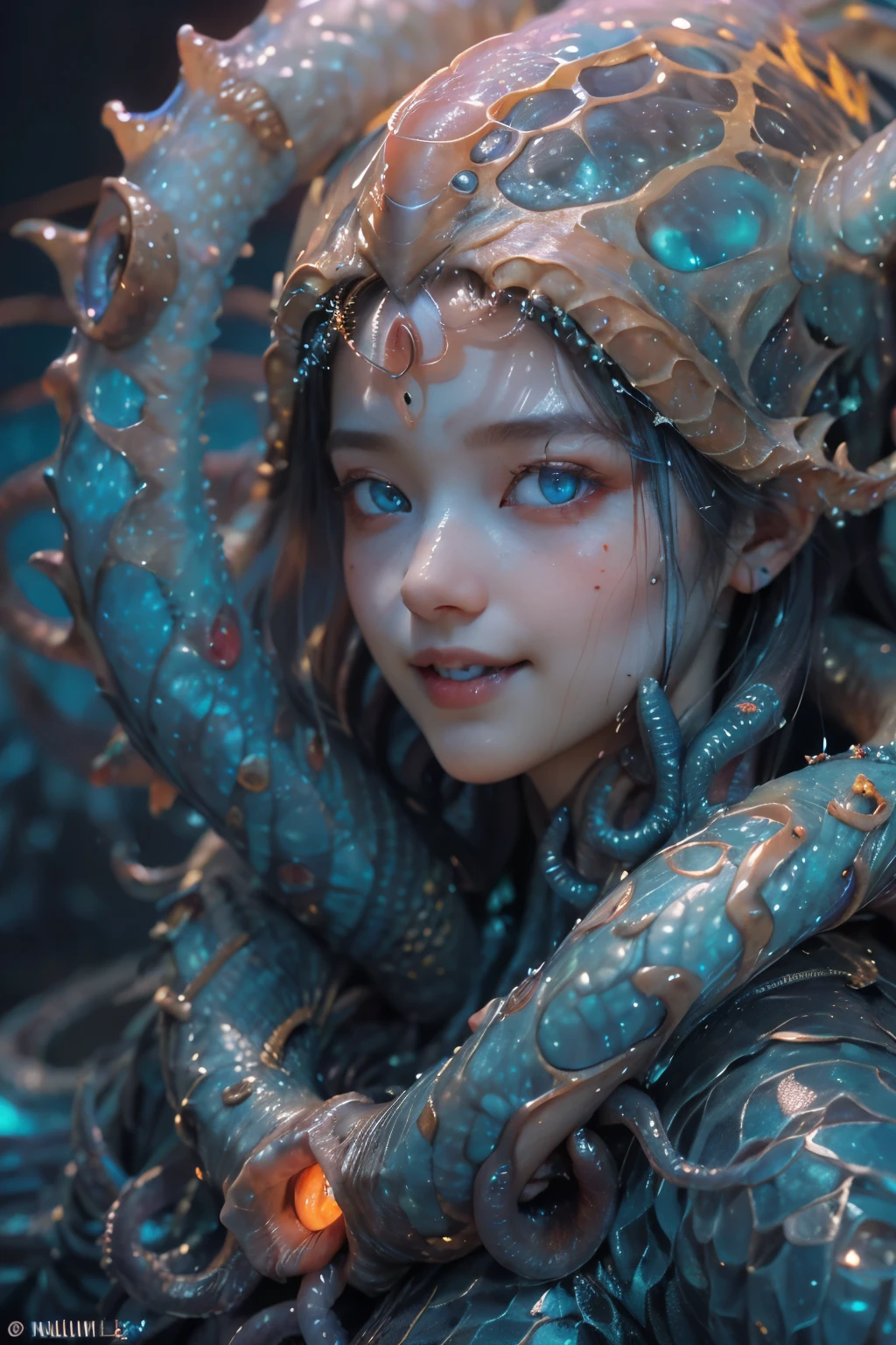 scary and sexy detailed art in color, Portrait, (beautiful and obscene female alien:1.4), (vulgarity1.7), (she has red eyes with no pupils:1.8), (Translucent blue skin:1.7), (There is a female genital-like organ in the middle of the forehead:1.9), (The most beautiful face in the history of the universe:1.2),an evil gaze that seduces, (large mouth:1.1), (sharp teeth like a vampire:1.2), Full body portrait, (bio luminescent:1.5), (Smile wickedly:1.3), (sexypose:1.5), alien, No humans, cells are fused, (Lots of translucent tentacles:1.3) extraterrestrial, cell, bio image, best quality, 8K,In 4K_quality, High freshness, Dramatic Lighting, masutepiece:1.5,cinematic quality, detail up, (exquisite details:1.2), high resolution, High freshness, drawing faithfully, (Thick eyebrows:1.2), Beautiful eyes with fine symmetry,(Highly detailed face and eyes:1.2), Intimate face, (Super detailed skin quality feeling:1.4), perfect anatomy, (Beautiful toned body:1.5), (Moist skin:1.2), not wearing makeup, (dark circles:1.1), long canines, cinematic drawing of characters, ultra high quality model, cinematic quality, detail up, (exquisite details:1.2), high resolution, High freshness, drawing faithfully, official art, Unity 8K Wall paper, best quality, Very high resolution, ultra detailed artistic photography, midnight aura, unreal engine 5, Ultra Sharp Focus, art by Amano Yoshitaka, ArtGerm, Roisch, intricate artwork, best quality, masterpiece, ultra high resolution, (photos realistic:1.4), ultra realistic realism, dream-like, nautilus, Creation of fantasy, Snail, Dream Snail, (biopunk nautilus:1.3),Thrilling color schemes, ultra realistic realism, seductively smiling, Blue tentacles, Amazing mutation, well-proportioned body, goddess of the deep sea
