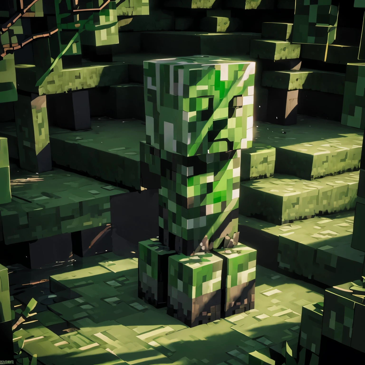 Minecraft&#39;s Warden is a blind creature with spiny skin, grande e imponente, conveying a sense of menace. Num ambiente "ancient city" destroyed and taken over by mosses