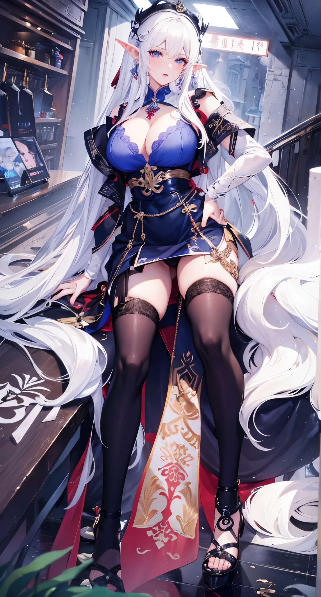 (white hair ),白色long hair,close up,dream world,Elf mature, 银白色long hair,long hair,tear nevus,earrings,(red lips,earrings),necklace,a pair of bracelets,Sling blue hip skirt,humanoid, paris bar background, her skin  white, fair complexion,blue eyes,白色long hair, Two long black stocking legs,High heel,black legs,,tattoo