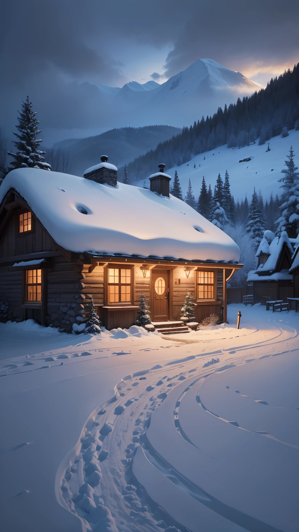 A peaceful winter night in the mountains with a thatched hut covered in snow. Warm tones of light streaming through the windows create a cozy atmosphere inside, contrasting with the cold blue tones of the snow-covered house. The dark night sky and surroundings accentuate the illumination of the house. A hint of the off-the-beaten-path feel of this secluded area can be seen in the lights and the footpaths in the snow. --auto --s2