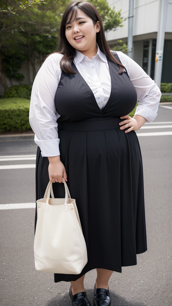 realistic depiction、super obeseのjapanese woman、super obese、super big breasts、Weight 300kg、very fat woman、Fat woman wearing a white collared shirt、black bra、japanese woman、laughter、Tight Skirt、outdoor、a bit、little woman、His height is only 145cm、short legs