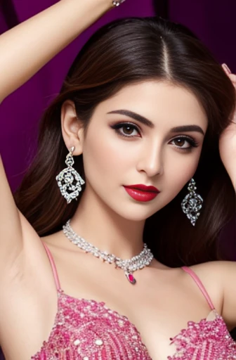 Lebanese woman, diamond dangling earrings, necklace, bracelets, small breasts, 40 years old, smokey eyes, cleavages, red lips, innocent face, pink fashion ball gown, stylish hairstyle, posing, modeling, arms raised