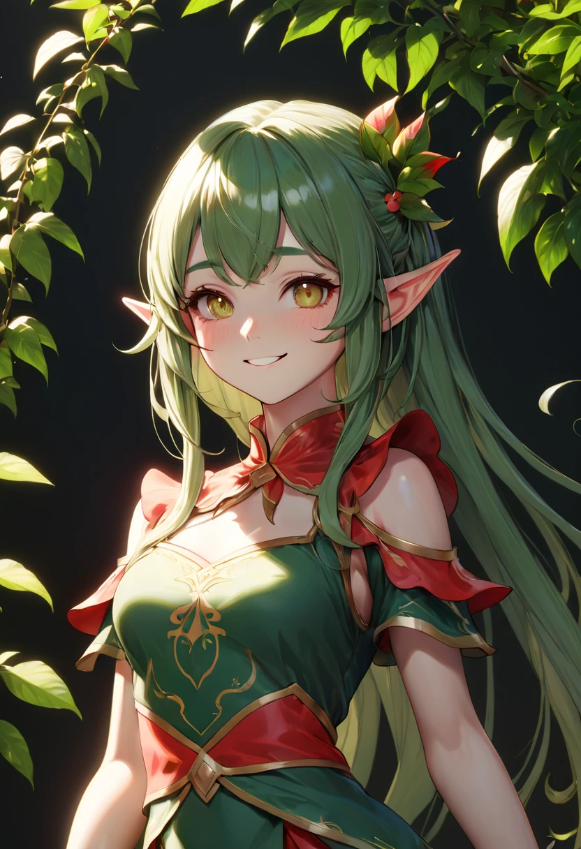 ultra detailed elf, girl, portlate, upper body, smile, bailong plant girl, BREAK high quality render, absurdres, ultra realistic shadows, 8k