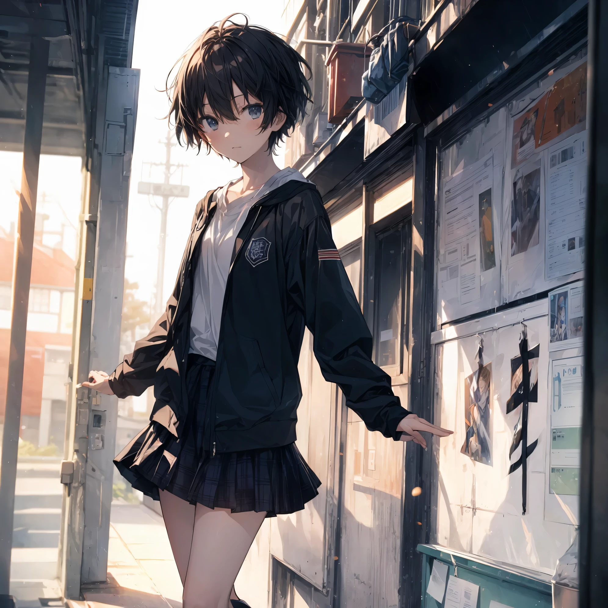 Super high quality by the art god, super detailed, High resolution, Shinkai Makoto style, anime moe art style, best anime 8K konachan wallpaper, pixiv contest winner, perfect anatomy, break,(眠そうにalone学校へ行く女の子を描いてください. ),break, surreal high school girl, (alone,change, Tomboy,:1.3),All limbs, full finger,Middle schoos charm, (very, very short hair), boyish hair, messy hair, flat and soft chest, small ass, between legs, small eyes,beautiful detailed black eyes, Well-proportioned iris and pupils, disgusted eyes, High resolutionの詳細な髪, school uniform, (skirt), On the way to school. break,super dense skin, Best lighting by famous artists, 8K, figure,