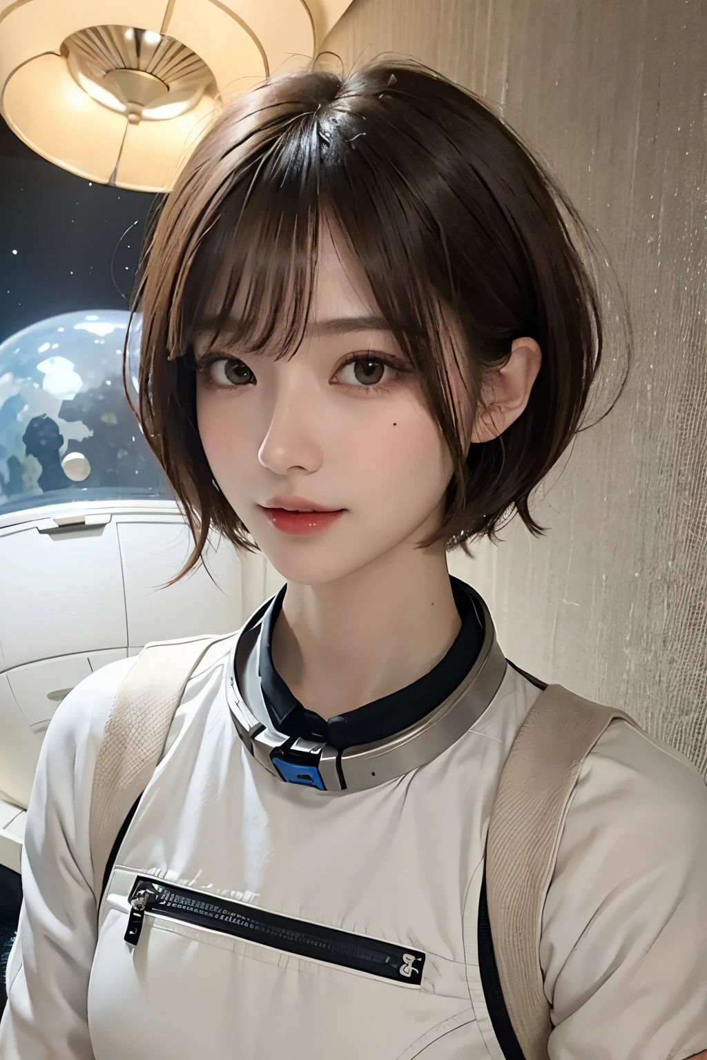 highest quality、masterpiece、ultra high resolution、(real:1.4)、Beautiful woman1、Beautiful details of eyes and skin、smile、light brown short cut hair、The perfect spacesuit、outer space、spaceship、the darkness of the universe、