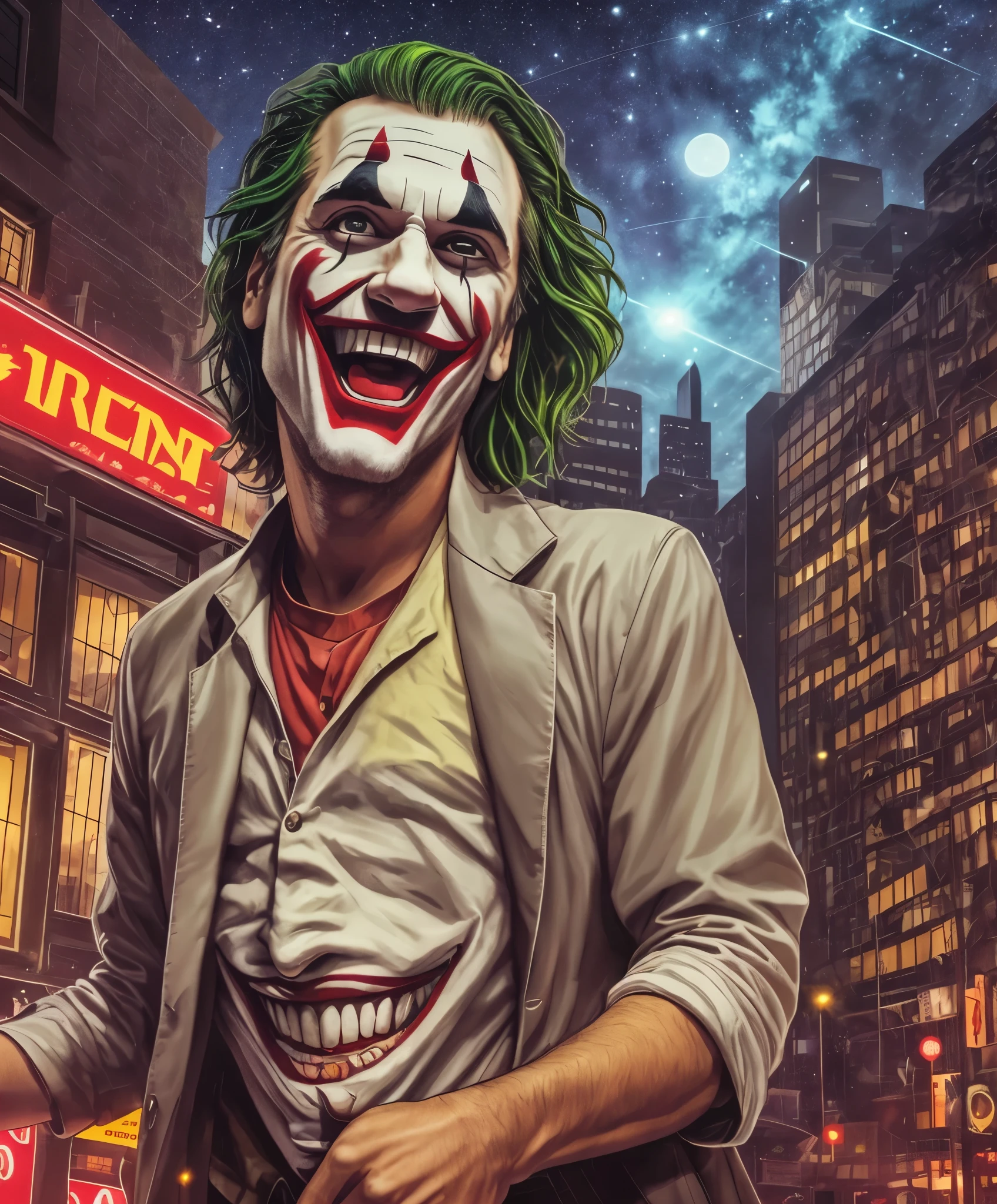 Joaquin Phoenix as a joker from dc, smiling whith diamond grillz shining, night, background gas station, a white sport car,4k, shot by go pro, close look --auto --s2