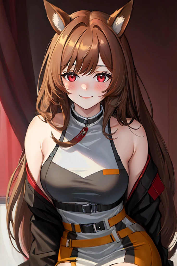 (best quality, masterpiece:1.8), (high resolution:1.4), long_hair, dog hor ears, Brown hair, through bangs, Red with eyes, Smile, dog_girl, Avak, medium, Blushed, up_Body, hair_between_with eyes, Very_long_hair, deactivate_beak, watching_Shown in_peek viewerbackground,cowboy shooting,open shoulders, light color dress