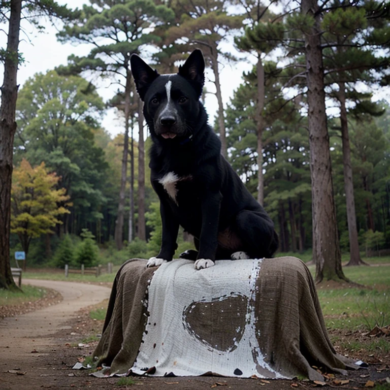 A black dog with white spots all over its body, with blue eyes, in a forest, on top of a 