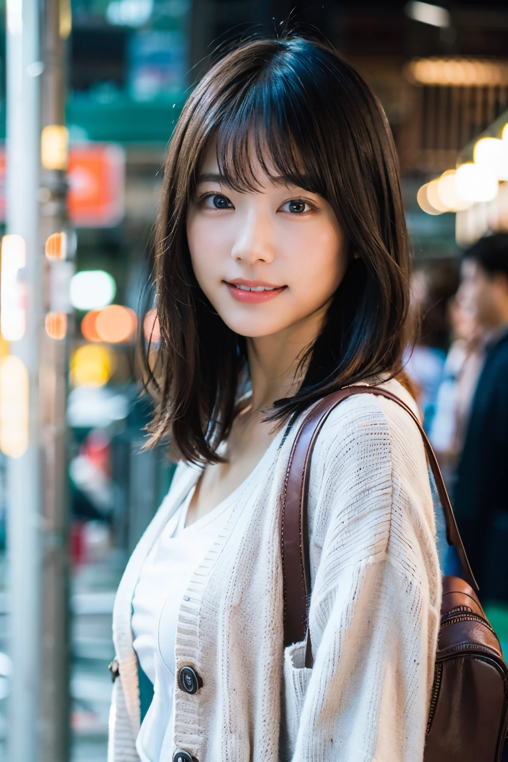 (8K、Raw photography、top-quality、​masterpiece:1.2)、(realisitic、Photorealsitic:1.37)、ultra-detailliert、超A high resolution、女の子1人、see the beholder、beautifull detailed face、A smile with a little visible teeth、Constriction、(Slim waist) :1.3)、((Wearing a cardigan))、pastel clothing、Beautiful detailed skin、Skin Texture、Floating hair、((Long))、large breasts with good shape、Professional Lighting、In front of the station at noon、Whole human body、Black hair、((Have a small rucksack))、