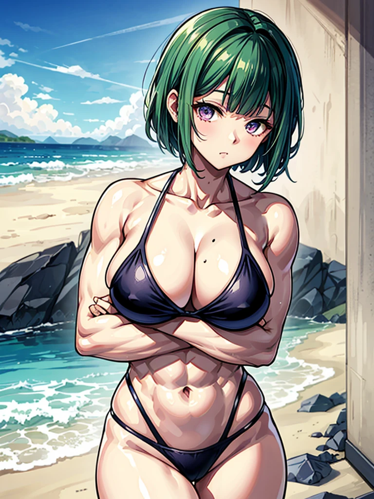 （（（masterpiece、Highest image quality、highest quality、highly detailed unity 8ｋwallpaper）））、（（Illustration of one girl））、（（（beautiful girl）））、（（green hair、very short hair：1.７、sidelocks、purple eyes））、（stocky build, thickset physique, muscular legs：1.5, broad shoulders, solid ?????：1.6）、swimsuit、sandy beach