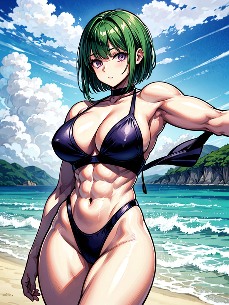 （（（masterpiece、Highest image quality、highest quality、highly detailed unity 8ｋwallpaper）））、（（Illustration of one girl））、（（（beautiful girl）））、（（green hair、very short hair：1.７、sidelocks、purple eyes））、（stocky build, thickset physique, muscular legs：1.5, broad shoulders, solid chest：1.6）、swimsuit、sandy beach