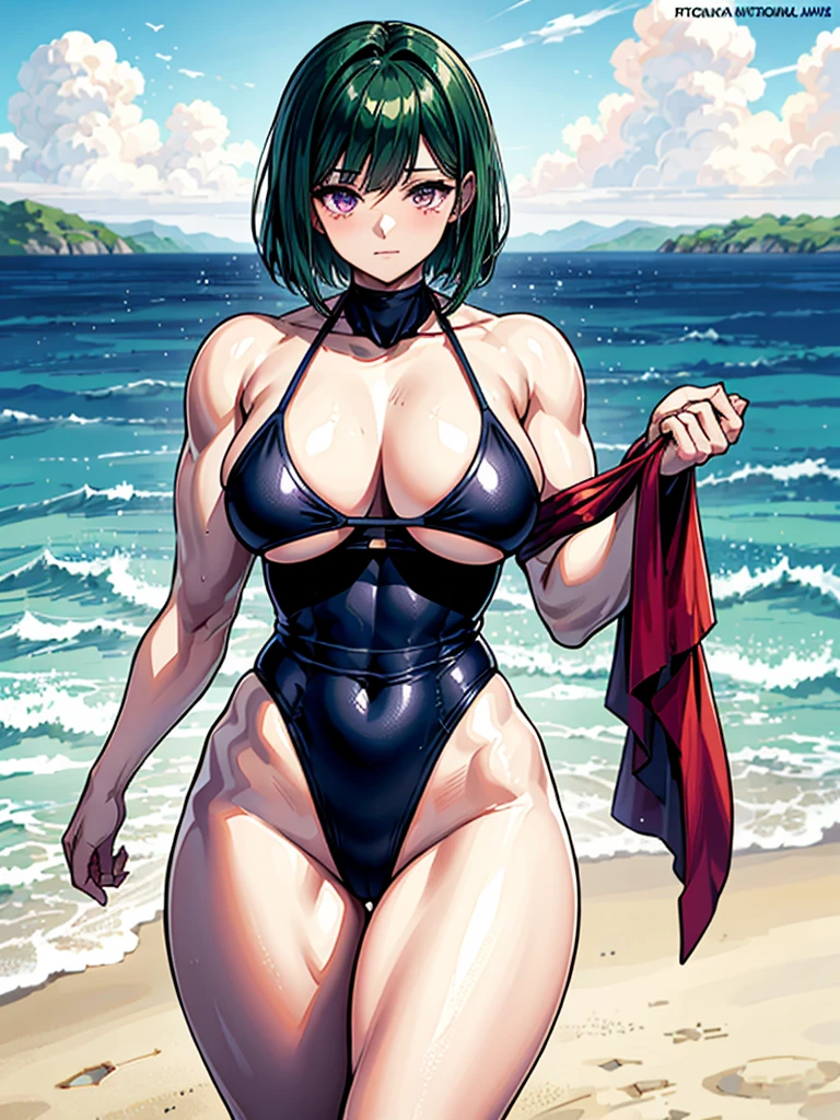 （（（masterpiece、Highest image quality、highest quality、highly detailed unity 8ｋwallpaper）））、（（Illustration of one girl））、（（（beautiful girl）））、（（green hair、very short hair：1.７、sidelocks、purple eyes））、（stocky build, thickset physique, muscular legs：1.5, broad shoulders, solid chest：1.6）、swimsuit、sandy beach