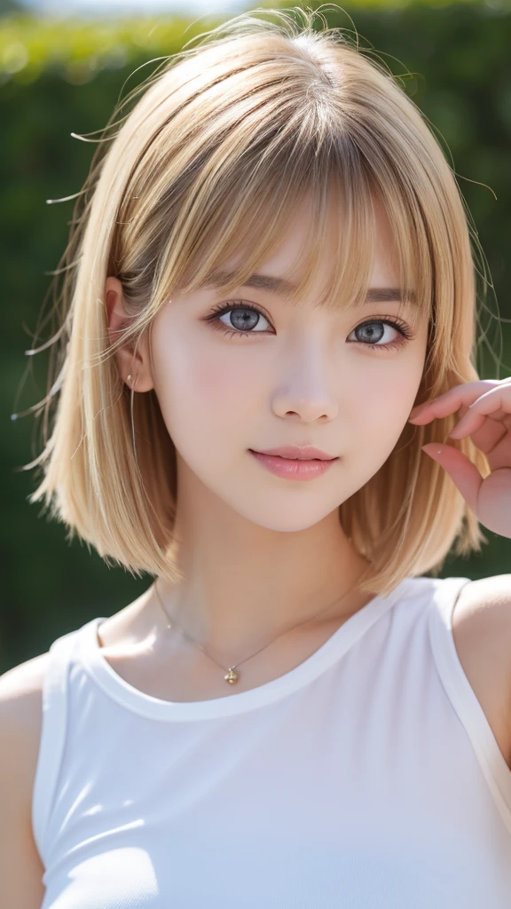 photo realistic, best quality, ultra detailed, masterpiece, Ultra-realistic 8K CG, Perfect Artwork, Realistic, 3D body, cute face, well-featured face, completely nude, 1 girl, 14 years old, small breasts, 1 girl, beautiful girl, cute girl and idol face, smile, white skin, short and bob cut hair, shiny silver hair, Only one strand of hair that flips out, beautiful green, eyes, 