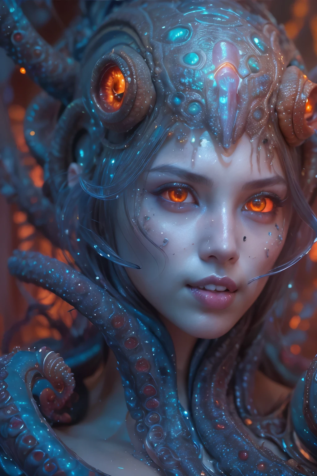 scary and sexy detailed art in color, Portrait, (beautiful and obscene female alien:1.4), (vulgarity1.7), (she has red eyes with no pupils:1.8), (Translucent blue skin:1.7), (There is a female genital-like organ in the middle of the forehead:1.9), (The most beautiful face in the history of the universe:1.2),an evil gaze that seduces, (large mouth:1.1), (sharp teeth like a vampire:1.2), Full body portrait, (bio luminescent:1.5), (Smile wickedly:1.3), (sexypose:1.5), alien, No humans, cells are fused, (Lots of translucent tentacles:1.3) extraterrestrial, cell, bio image, best quality, 8K,In 4K_quality, High freshness, Dramatic Lighting, masutepiece:1.5,cinematic quality, detail up, (exquisite details:1.2), high resolution, High freshness, drawing faithfully, (Thick eyebrows:1.2), Beautiful eyes with fine symmetry,(Highly detailed face and eyes:1.2), Intimate face, (Super detailed skin quality feeling:1.4), perfect anatomy, (Beautiful toned body:1.5), (Moist skin:1.2), not wearing makeup, (dark circles:1.1), long canines, cinematic drawing of characters, ultra high quality model, cinematic quality, detail up, (exquisite details:1.2), high resolution, High freshness, drawing faithfully, official art, Unity 8K Wall paper, best quality, Very high resolution, ultra detailed artistic photography, midnight aura, unreal engine 5, Ultra Sharp Focus, art by Amano Yoshitaka, ArtGerm, Roisch, intricate artwork, best quality, masterpiece, ultra high resolution, (photos realistic:1.4), ultra realistic realism, dream-like, nautilus, Creation of fantasy, Snail, Dream Snail, (biopunk nautilus:1.3),Thrilling color schemes, ultra realistic realism, seductively smiling, Blue tentacles, Amazing mutation, well-proportioned body, goddess of the deep sea
