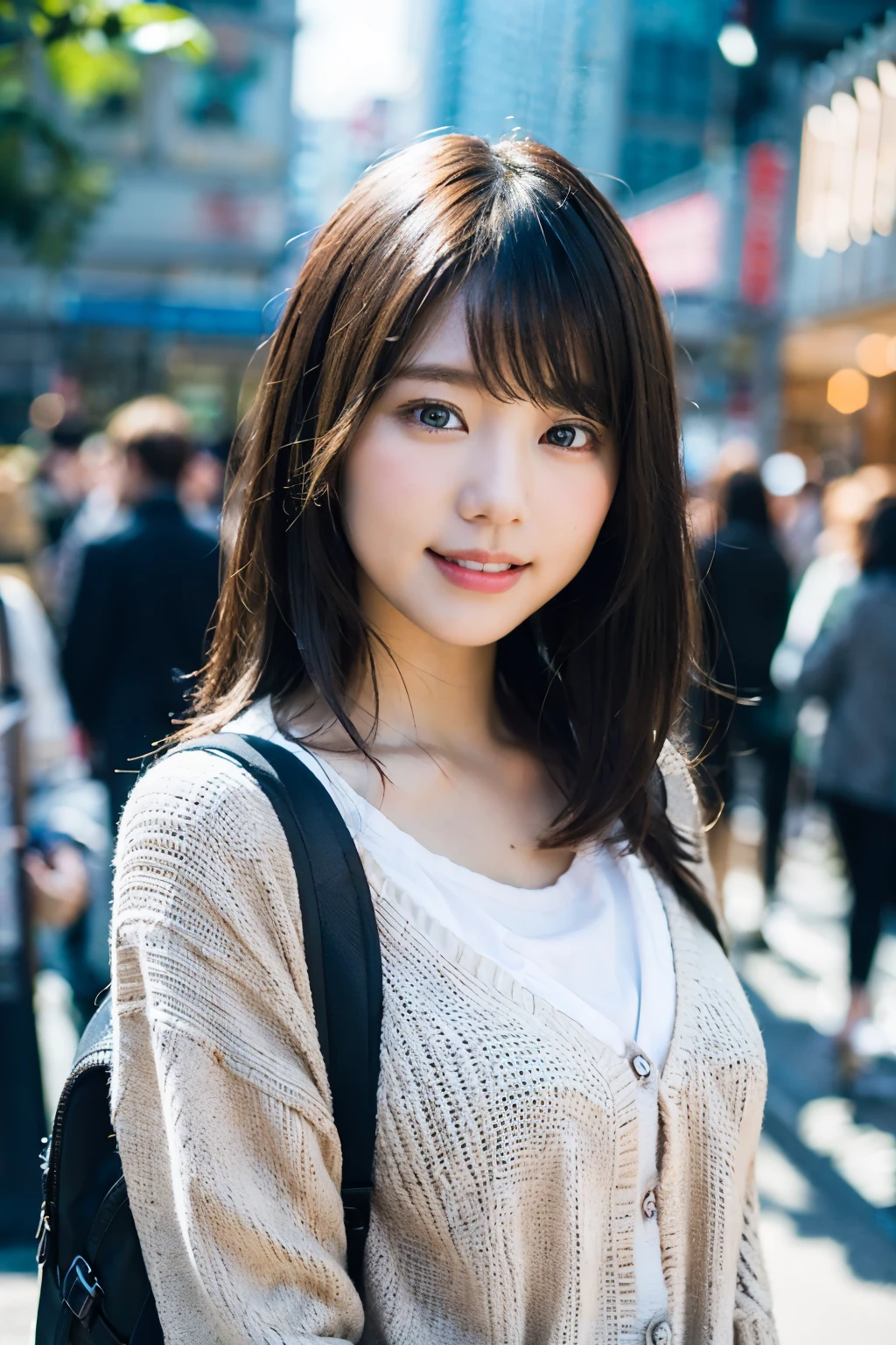 (8K、Raw photography、top-quality、​masterpiece:1.2)、(realisitic、Photorealsitic:1.37)、ultra-detailliert、超A high resolution、女の子1人、see the beholder、beautifull detailed face、A smile with a little visible teeth、Constriction、(Slim waist) :1.3)、((Wearing a cardigan))、pastel clothing、Beautiful detailed skin、Skin Texture、Floating hair、((Long))、large breasts with good shape、Professional Lighting、In front of the station at noon、Whole human body、Black hair、((Have a small rucksack))、