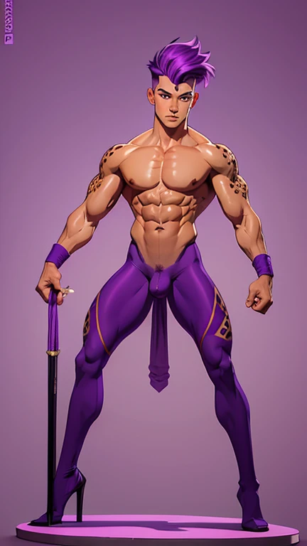 Male cheetah, medium height, full body, posing nude, purple highlighted hair, purple eyes, anthropomorphic, medium built body, six inch penis, circumcised, athletic pose.