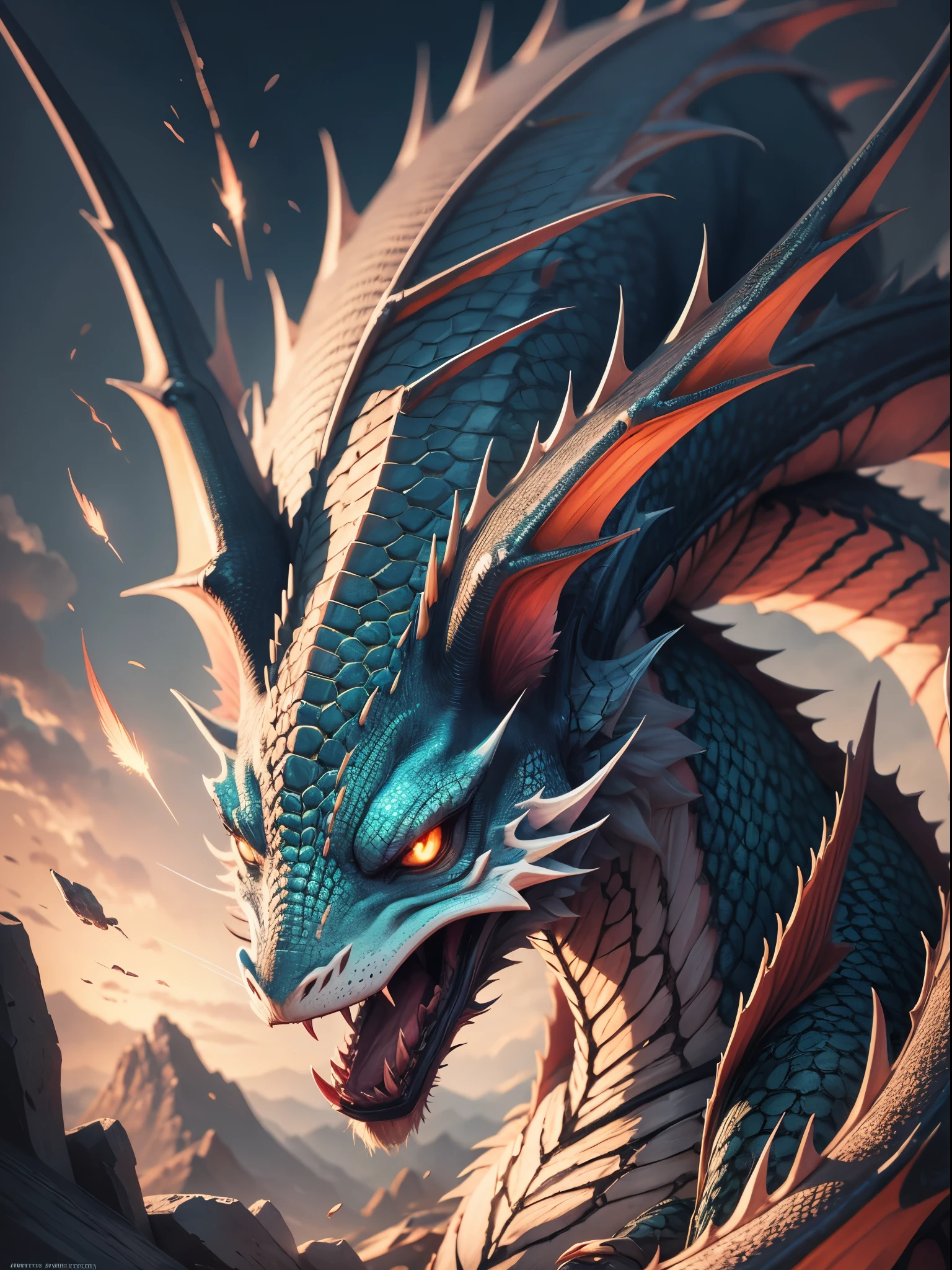 (Masterpiece, Best Quality, Highres:1.2) blue dragon emerging powerfully against the backdrop of a blazing sunset. Every detail, from the intricate scales that coat its body to the piercing gaze of its eyes, speaks of ancient strength and mystical power. The fiery hues of the sky contrast with the cool tones of the dragon's scales, creating a striking visual contrast that enraptures the viewer. This mythical creature, often symbolizing wisdom and power in folklore, is depicted here with a grandeur that invites the observer into a world of fantasy and wonder, Full body Winged dragon, highly detailed, centered, photography by Steve McCurry, bokeh effect, dragan style post-production, (mythical:1.2), (high resolution:1.2), (detailed scales:1.1), (vibrant colors:1.2), (fantasy realism:1.2), (impressive:1.1), eye focus, hyper realistic, dangerous, deep eyes, intricate," detailed skin texture, (blush:0.5), (goosebumps:0.5), subsurface scattering, scales roughness, scales glossiness, (pores:0.5), imperfections(0.2), (intricate peach fuzz:0.1)", rocky background, scary, highly detailed, digital painting, artstation, concept art, smooth, sharp focus, illustration, art by Greg Rutkowski high budget, bokeh, cinemascope, moody, epic, gorgeous, RAW candid cinema, 16mm, color graded portra 400 film, remarkable color, ultra realistic, textured skin, remarkable detailed pupils, realistic dull scales noise, visible fur detail, scales fuzz, fur skin, shot with cinematic camera ,bokeh, motion blur
