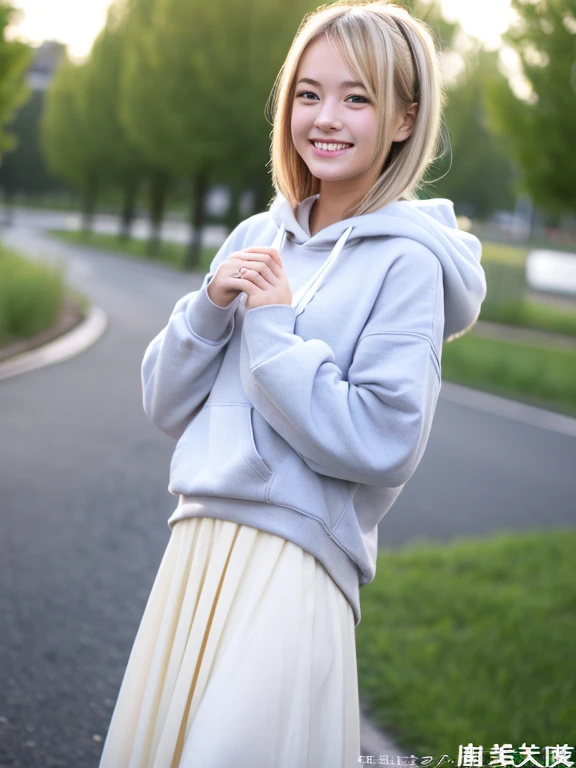 highest quality, subject(girl, alone，whole body),berry shortcut， Fair skin,blonde，cutest japanese，perfect face, (skin dents), Casual Long Skirt, oversized hoodie, petite, smile gently，double eyelid，university student，20-year-old，blush, おとなしいgirl，Neat and clean fashion，Serious honor student，best style